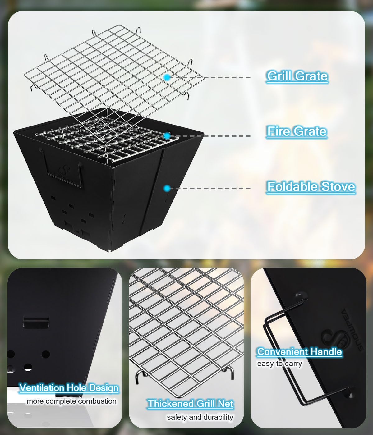 Snowpea Portable Camping Fire Pit | Collapsible Iron Grill with Carry Bag