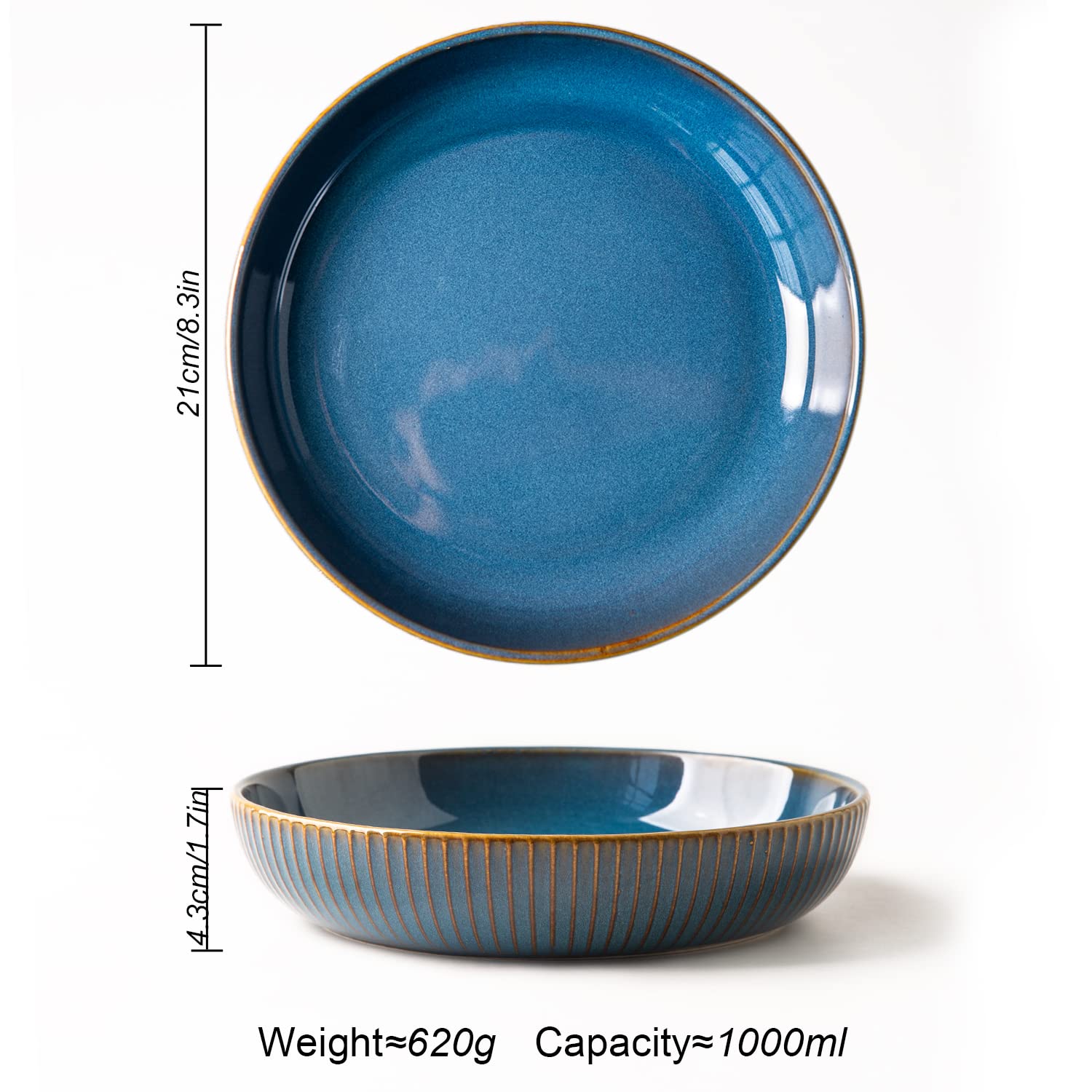 CSYY 4-Piece Large Porcelain Pasta Bowls – 21cm Blue Deep Plate Set