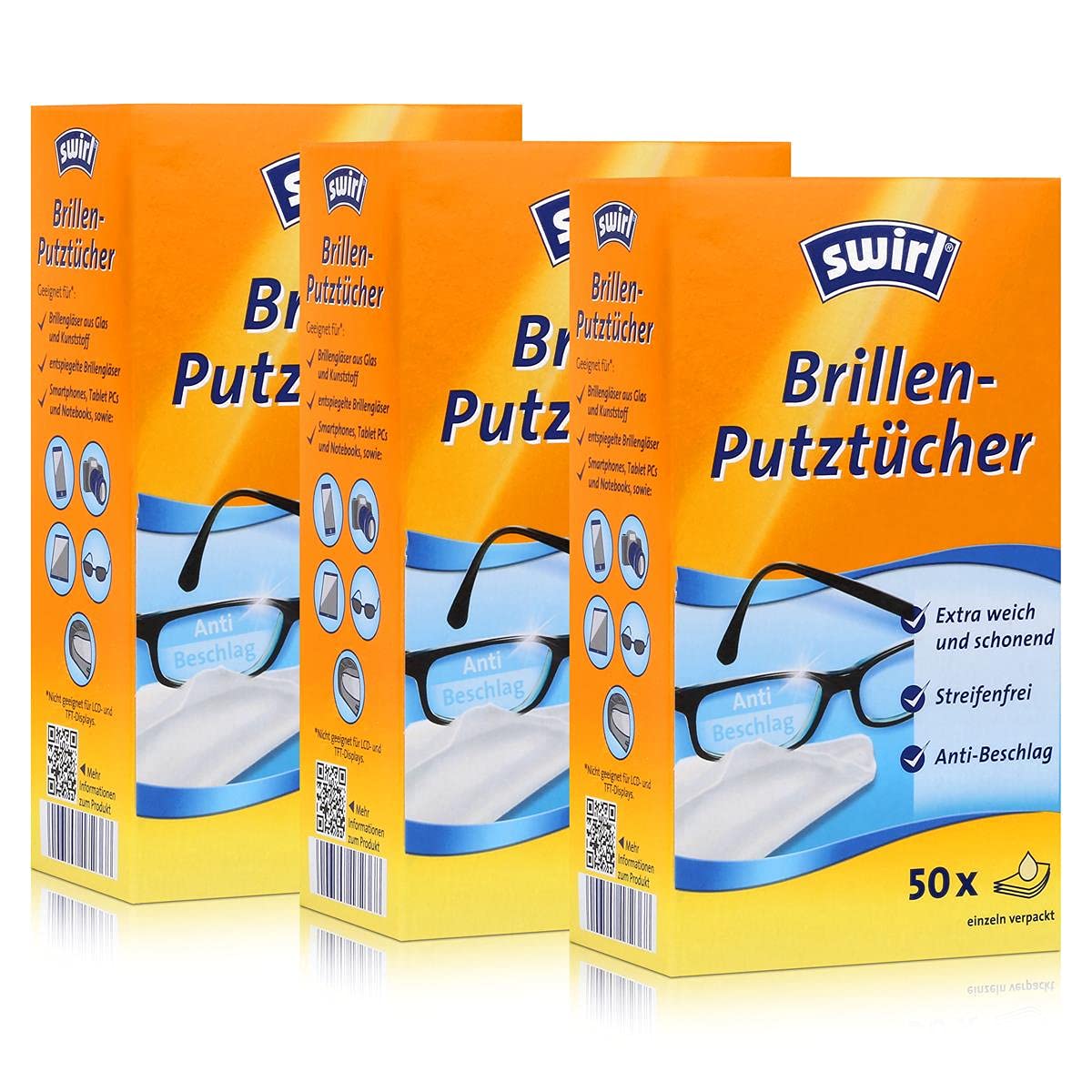 Swirl Glasses Cleaning Wipes – 150 Streak-Free Lens Cloths (3 x 50 Pack)
