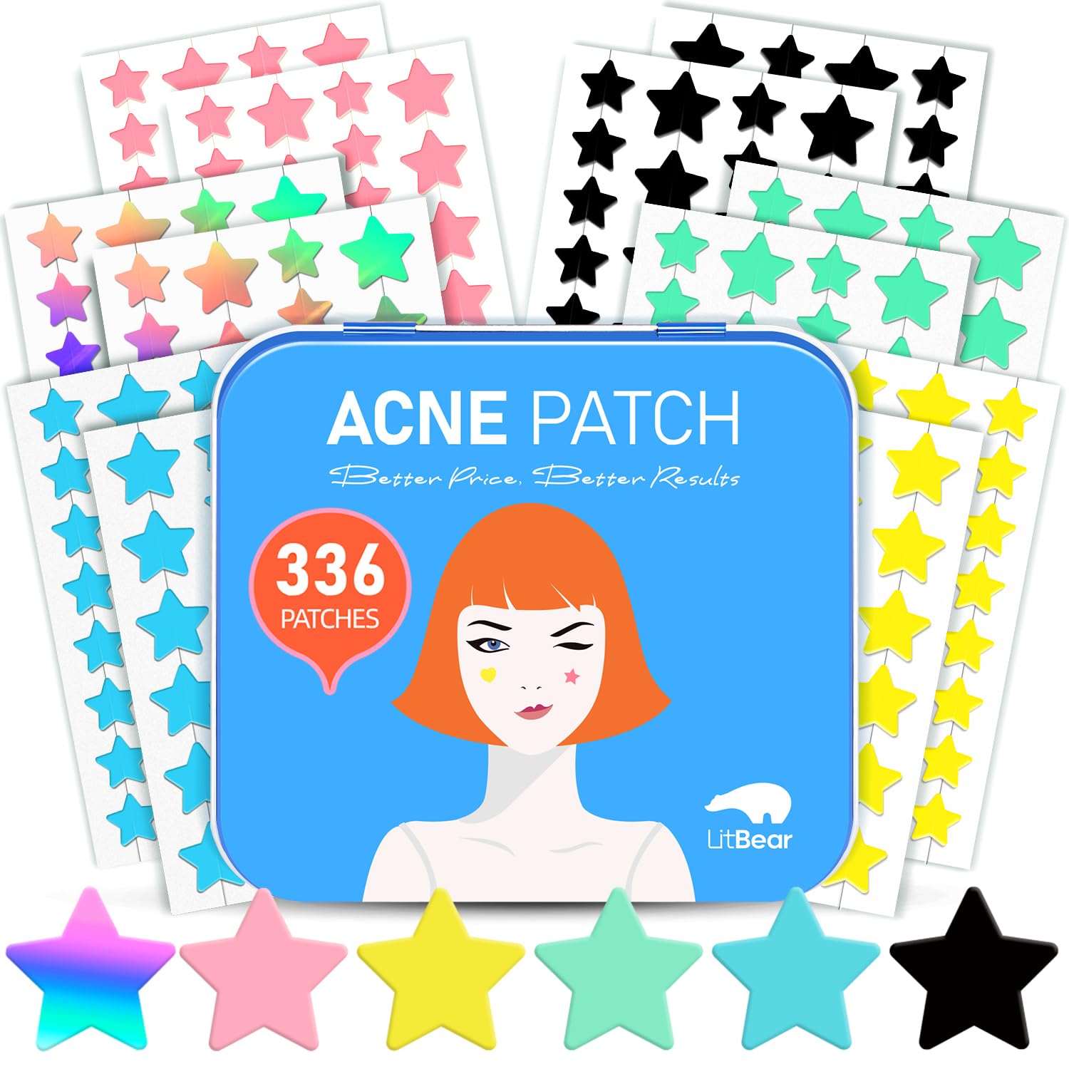 LitBear Star Acne Pimple Patches - 336 Hydrocolloid Dots with Case