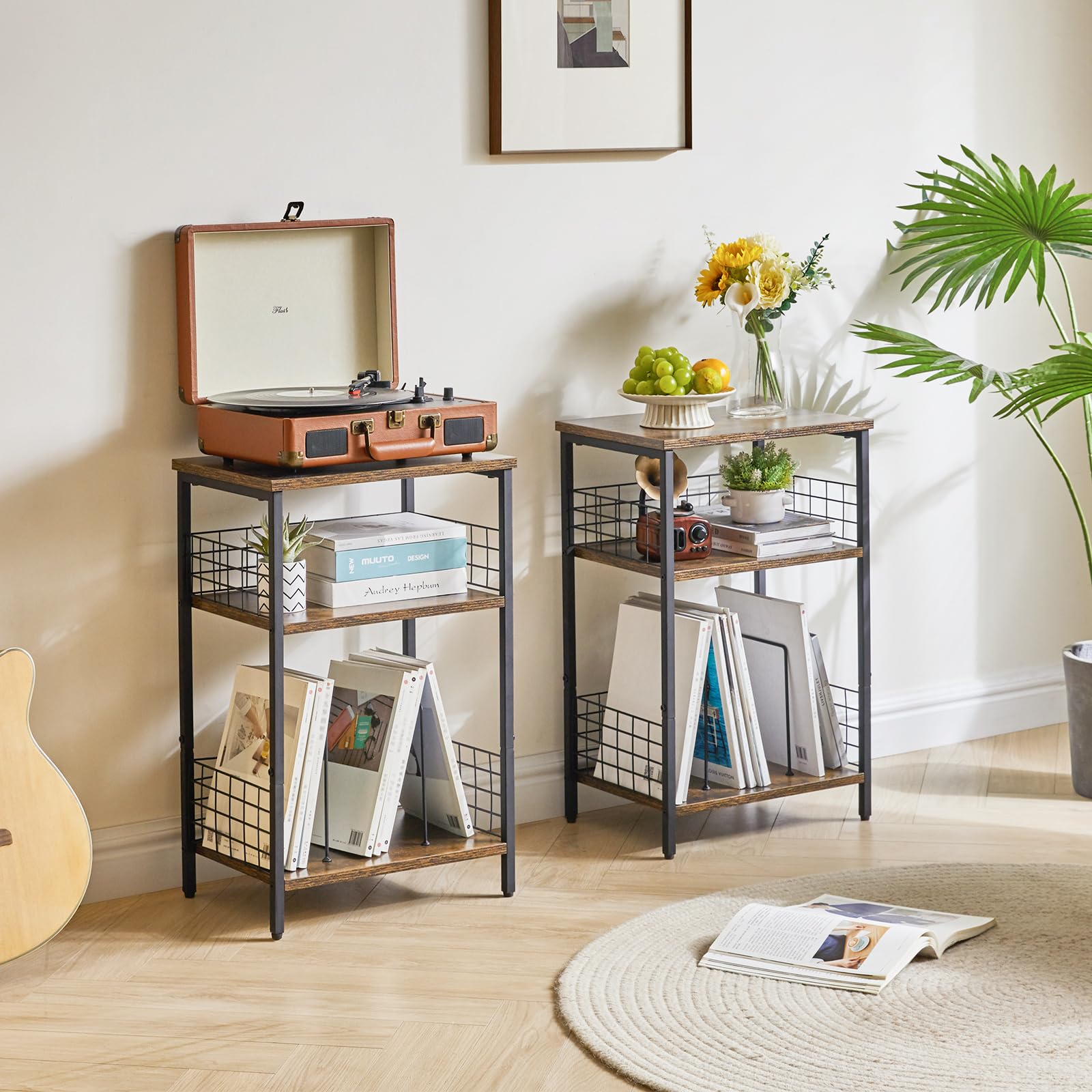 YMYNY 3-Tier Record Player Stand | Industrial Side Table - Rustic Brown