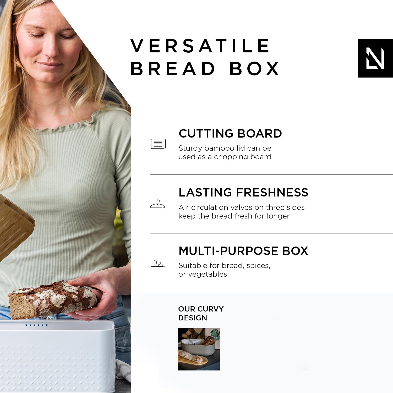 LARS NYSØM Metal Bread Bin with Bamboo Cutting Board Lid & Linen Bag