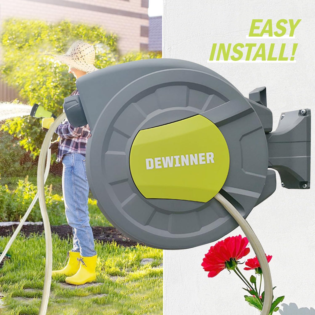 DEWINNER Wall Mount Garden Hose Reel | 25M Auto Rewind Hose Pipe