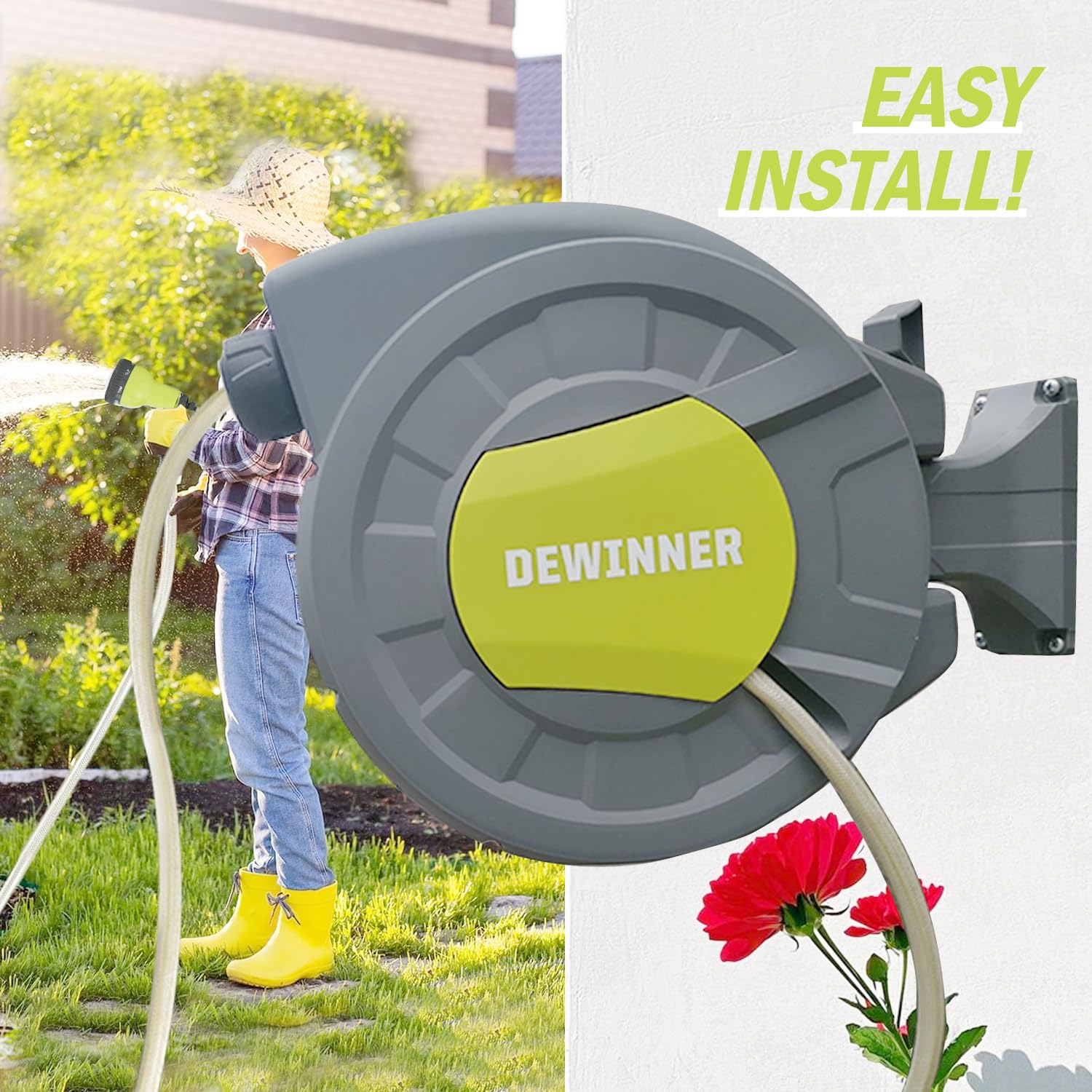 DEWINNER Wall Mount Garden Hose Reel | 25M Auto Rewind Hose Pipe