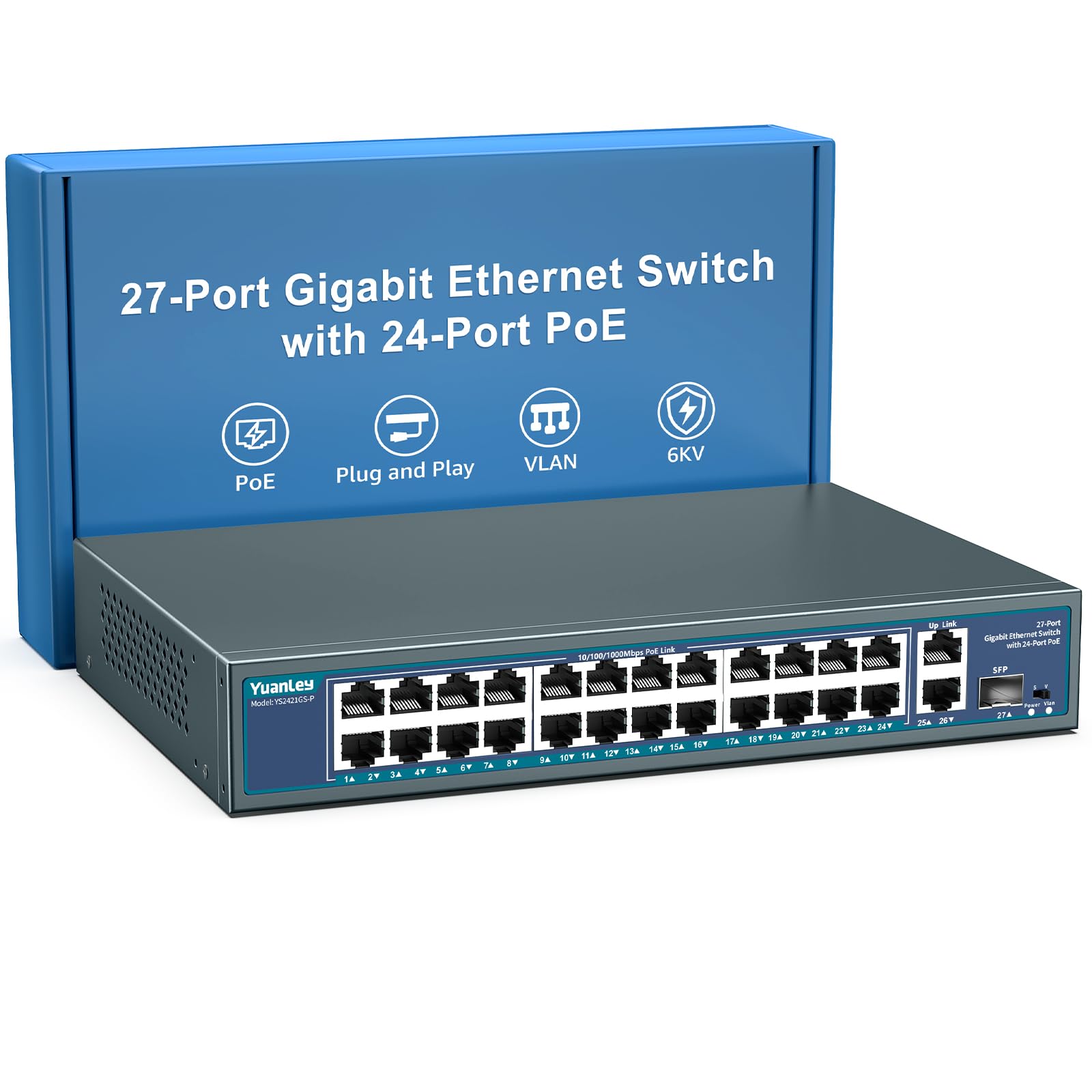 YuanLey 24 Port Gigabit PoE Switch | 400W Rackmount Unmanaged Hub