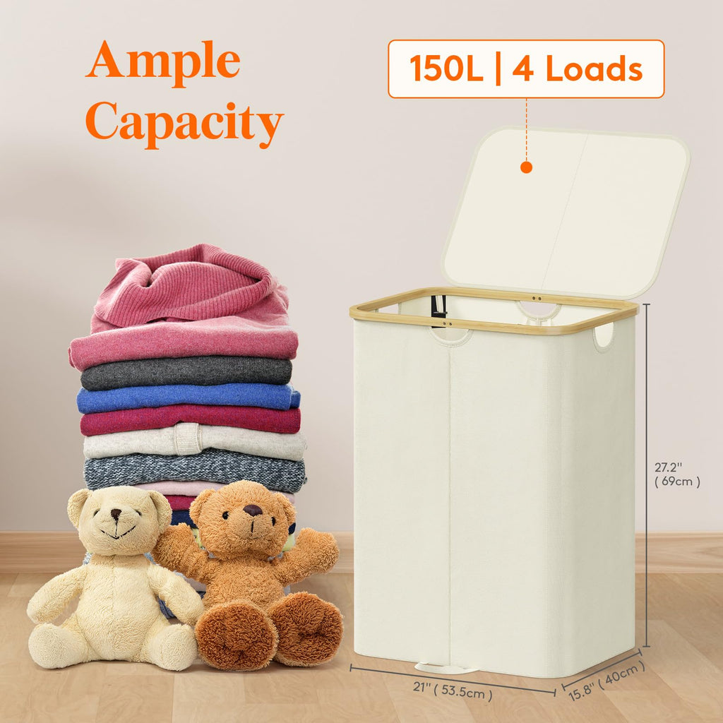 Lifewit 150L Laundry Basket with Lid | Foldable Hamper with Bamboo Handles