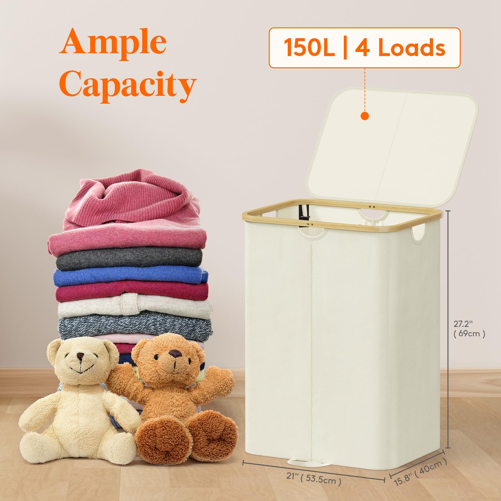 Lifewit 150L Laundry Basket with Lid | Foldable Hamper with Bamboo Handles