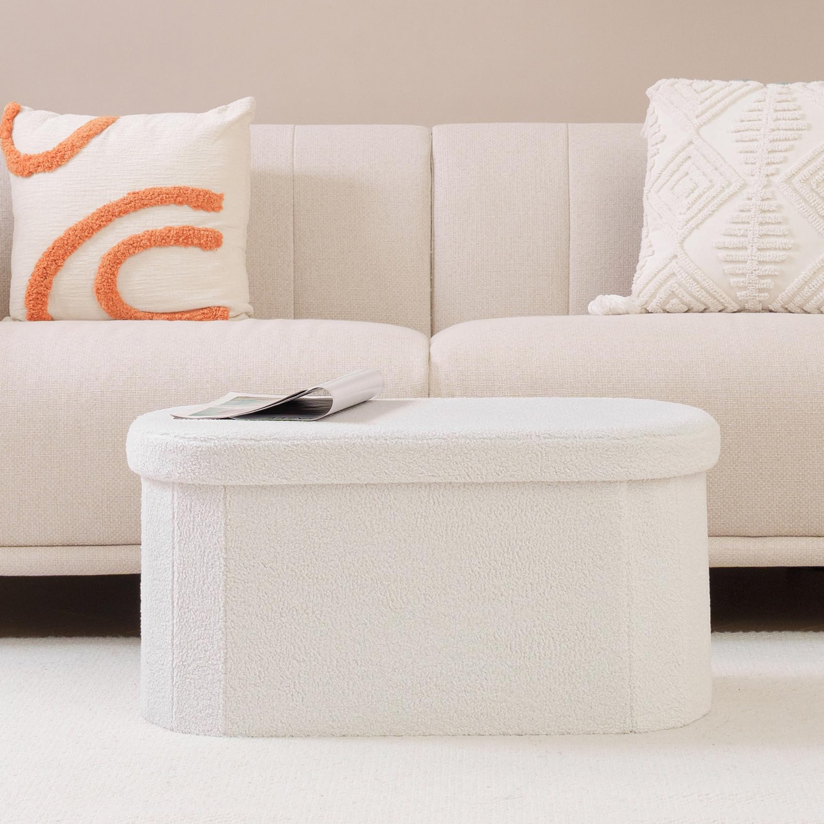 Bonlife White Boucle Folding Ottoman Storage Bench – 76cm Oval Footstool