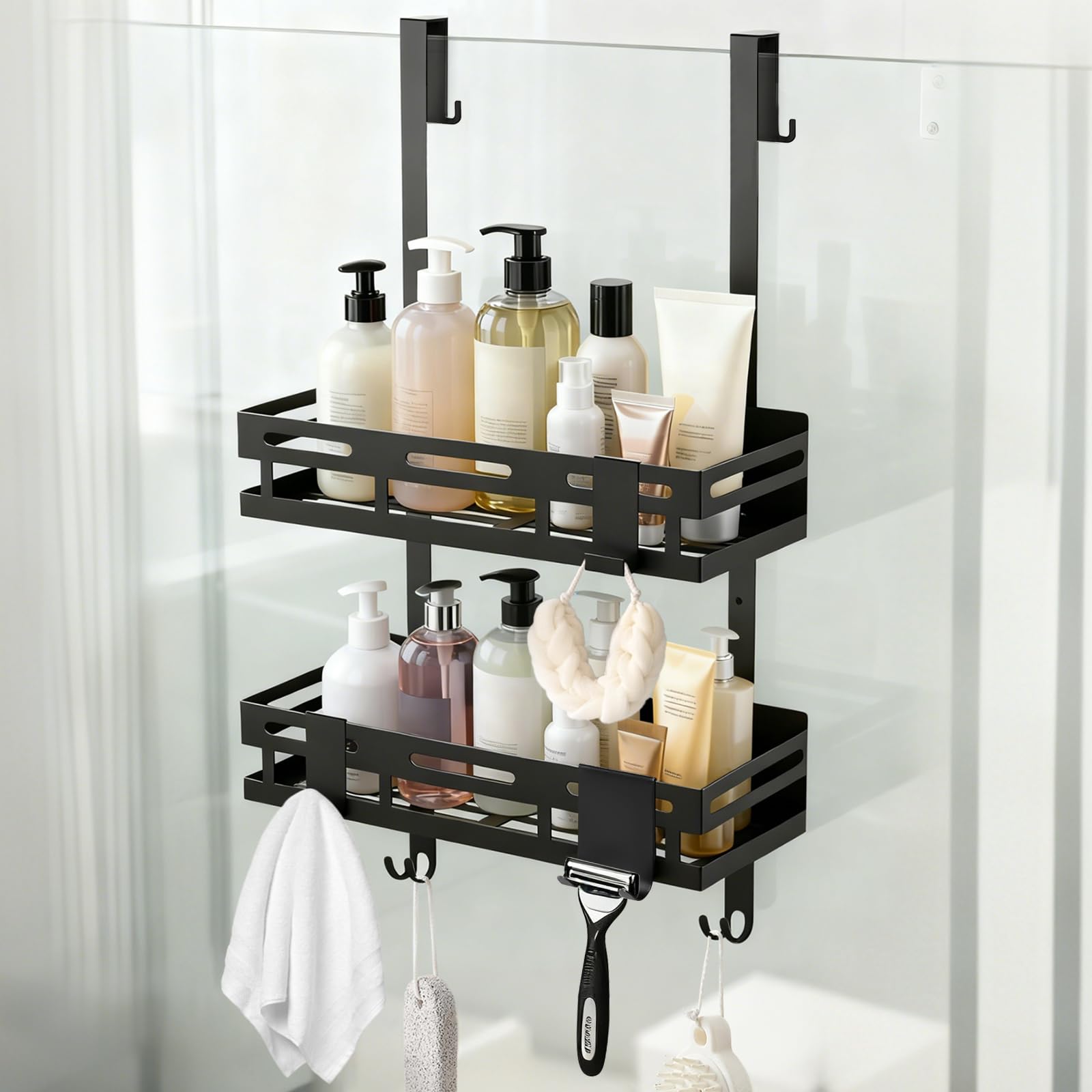 MDDK DY Hanging Shower Caddy – No-Drill Black Steel Shelf with Hooks