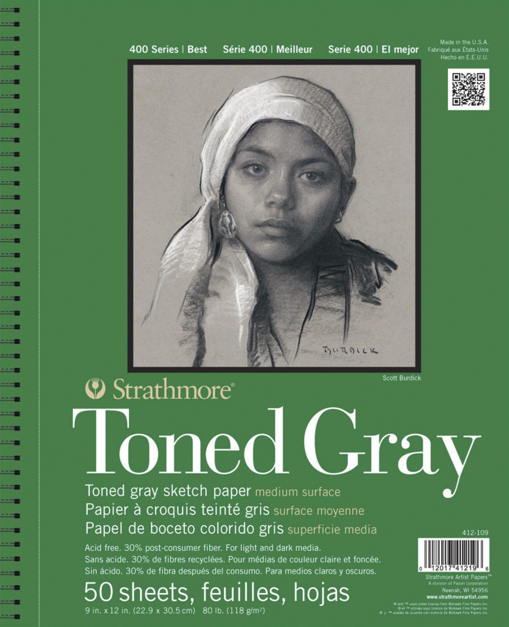 Strathmore 400 Toned Sketchpad – 9x12 Grey Fine Grain Paper, 50 Sheets