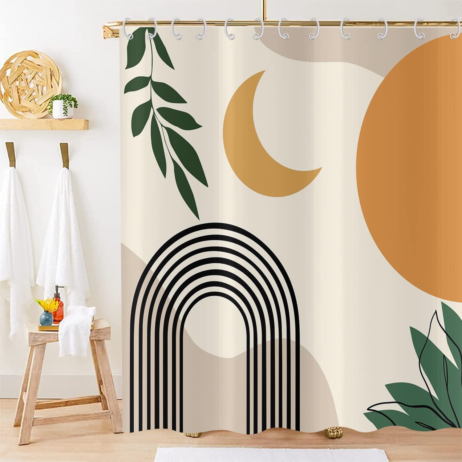 Hnmdmyi Boho Shower Curtain | Mid Century Abstract Leaf Polyester - 71x71