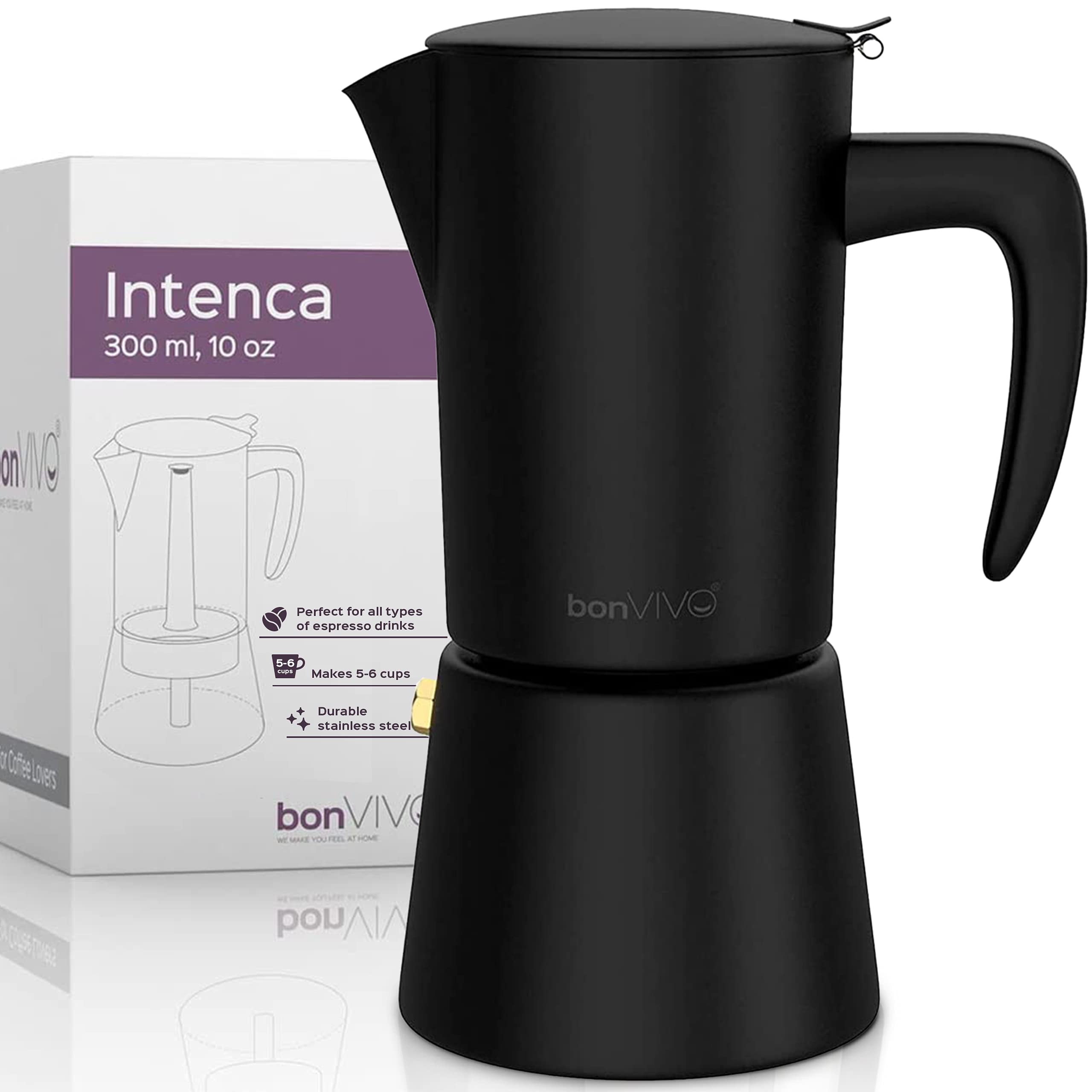 bonVIVO Intenca Moka Pot – 6 Cup Stainless Steel Espresso Maker