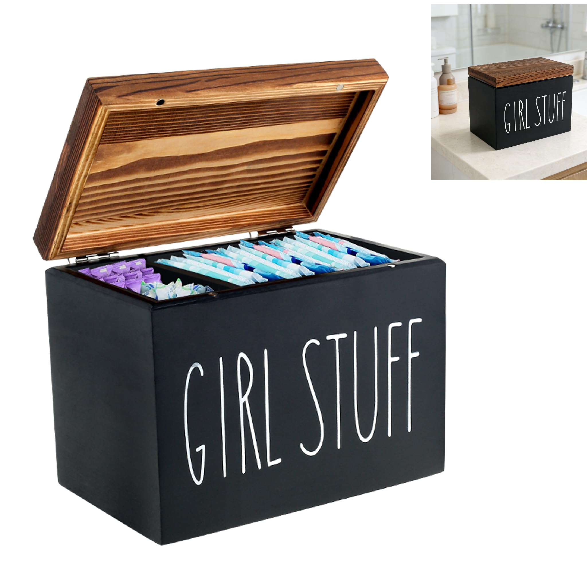 Wood Tampon Holder - 2-Compartment Bathroom Storage Box