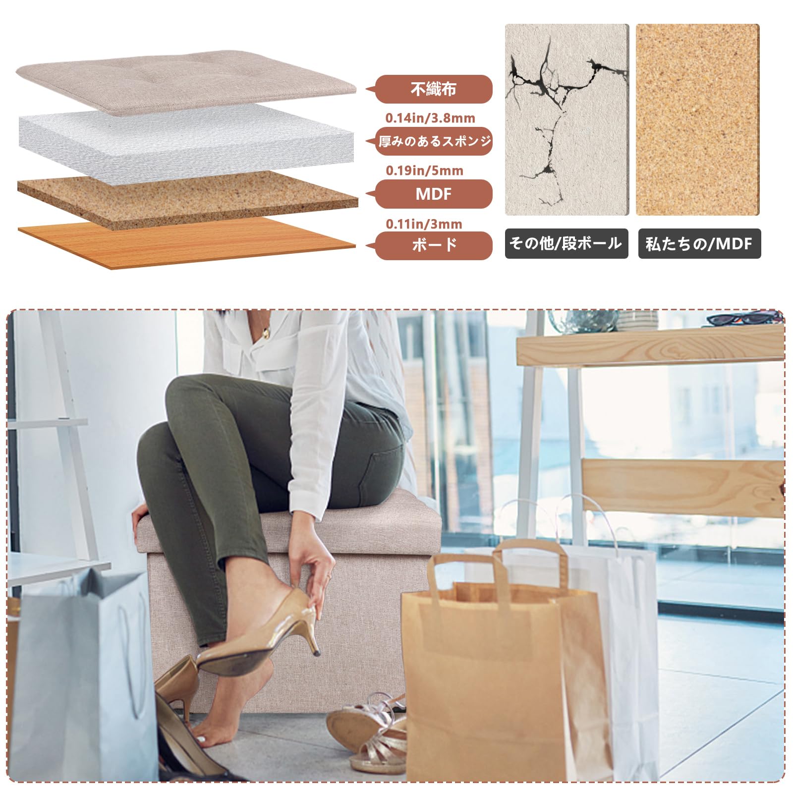 BRIAN & DANY Folding Storage Ottoman – Linen Foot Stool with Wood Legs