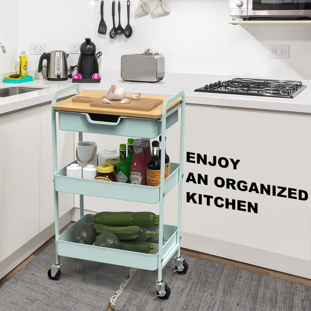 Shrivee 3-Tier Storage Trolley on Wheels and Drawer, All-Purpose Metal Uses Trolley for Office Salon Kitchen Bathroom OfficeGreen