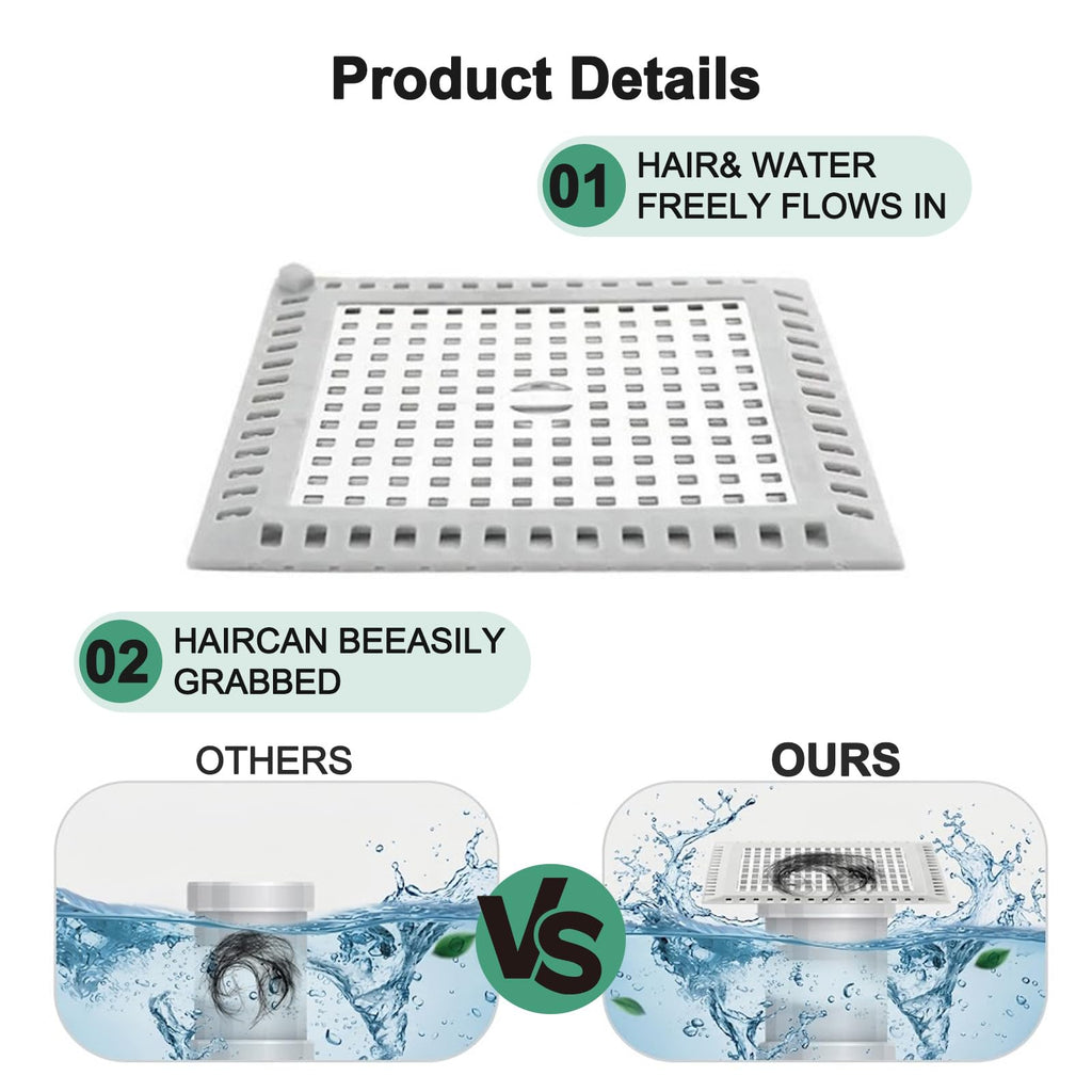 Shower Drain Cover Hair Catcher Square 12.3cm, 304 Stainless Steel Drain Protector with Silicone Edge, Prevents Clogged Drains - image 3