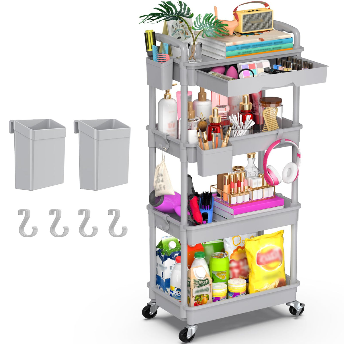 Yeabett 4 Tier Storage Trolley with Drawer, Utility Cart with Plastic Shelf & Lockable Wheels Multifunctional Storage Cart for Kitchen, Bathroom - image 1