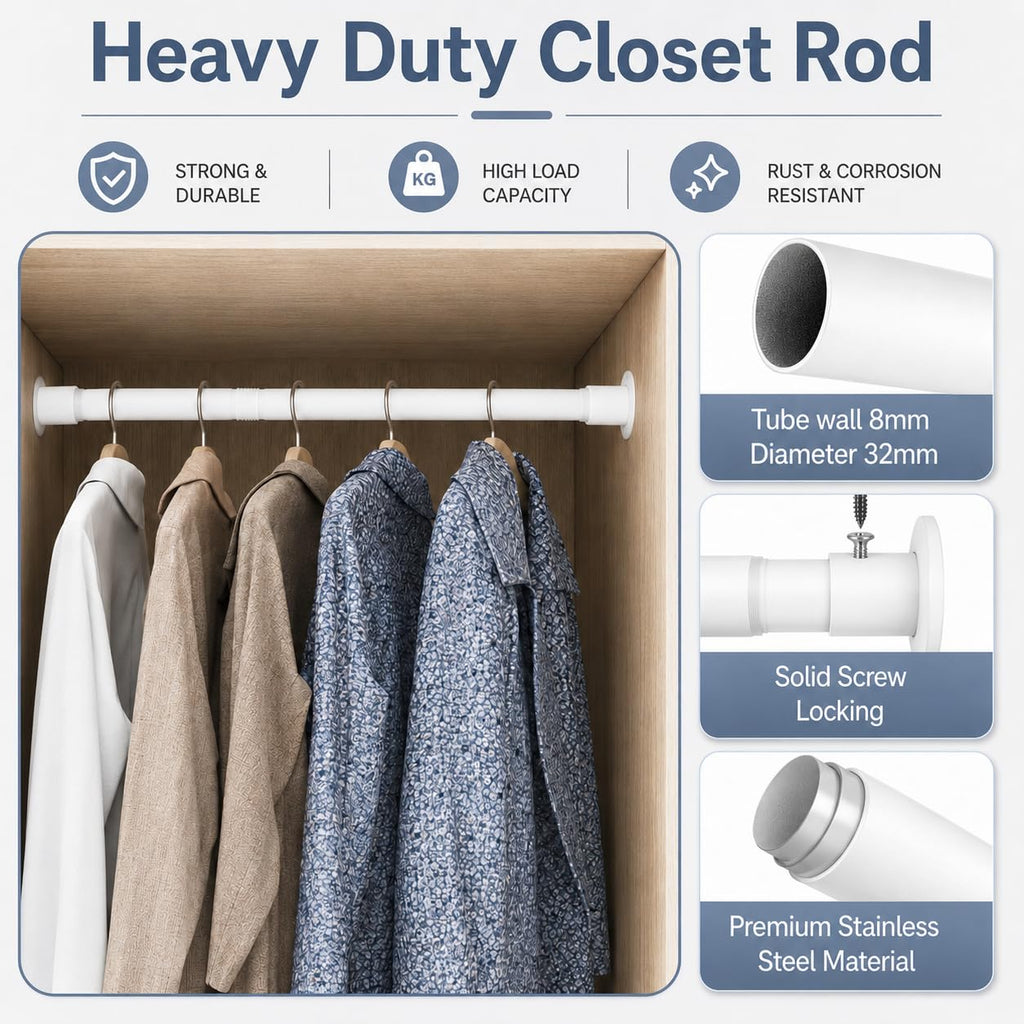 Wardrobe Pole, Wardrobe Rail Adjustable Clothes Rail with Screws and Sockets, Hanging Rod for Wardrobe and Bedroom, 85-235CM/Diameter 32MM，Black - image 5