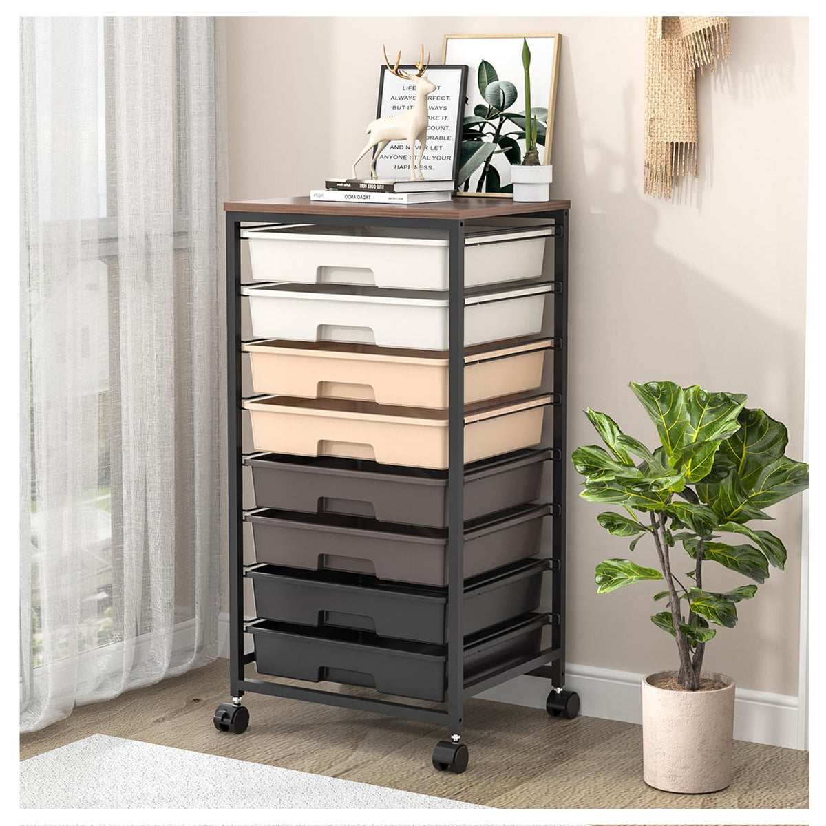 SYKIARIOL 8-Drawer Storage Trolley Rolling Cart with Lockable Wheels, Brown - image 1