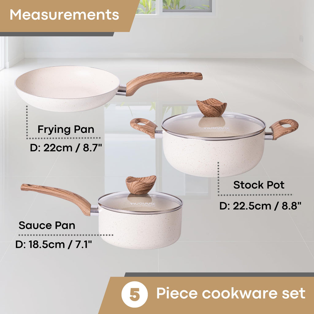 Nuovva 5pc Non-Stick Cookware Set – Cream Granite Induction Pots and Pans