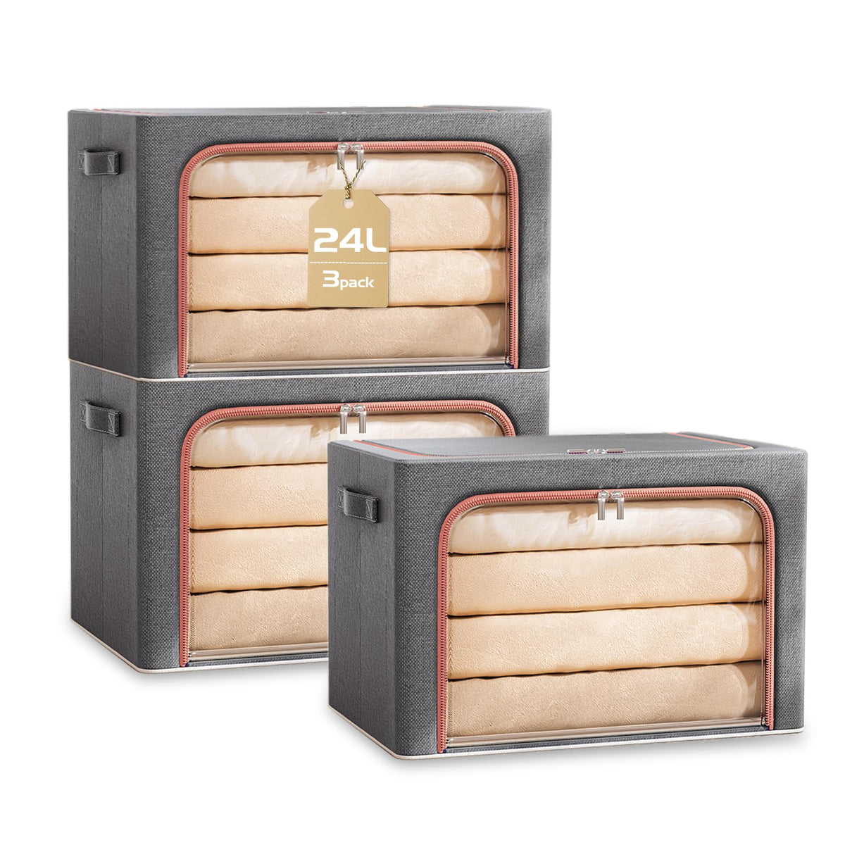 Storage Boxes Organiser, 24L Clothes Storage Boxes with Metal Frame＆Top and Front Opening Zip with Clear Window,Fabric Foldable Storage Boxes - image 1