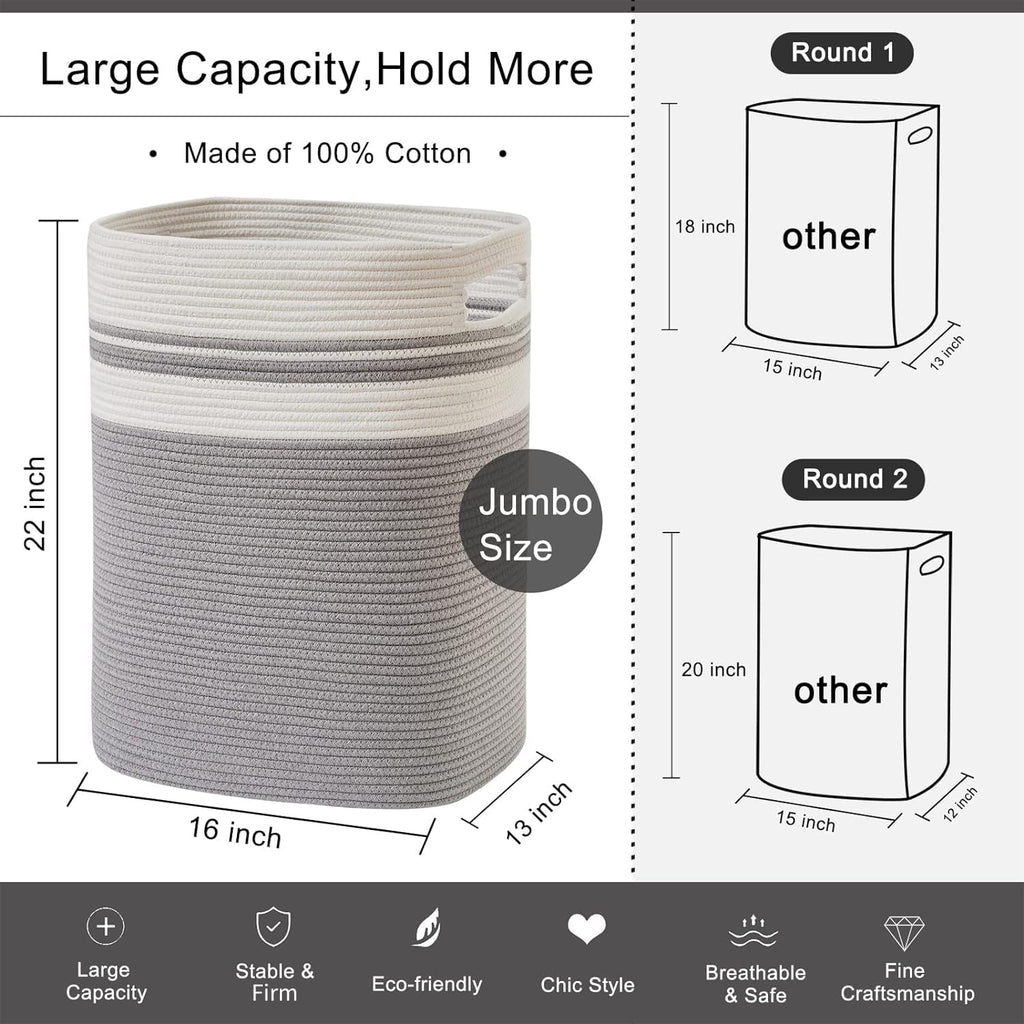 OIAHOMY Tall Cotton Laundry Hamper – Large Woven Storage Basket, Gray