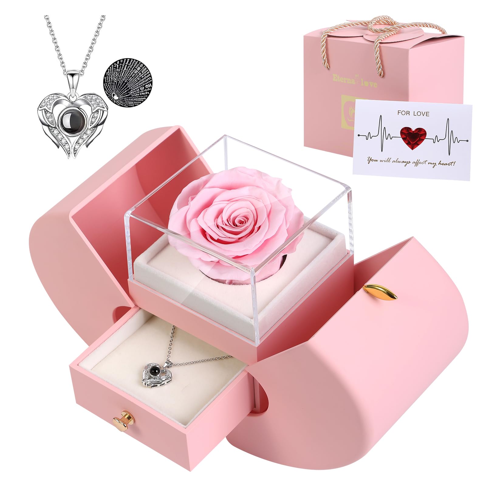 Firestyle Preserved Real Rose Gift Box with 100 Languages Love Necklace