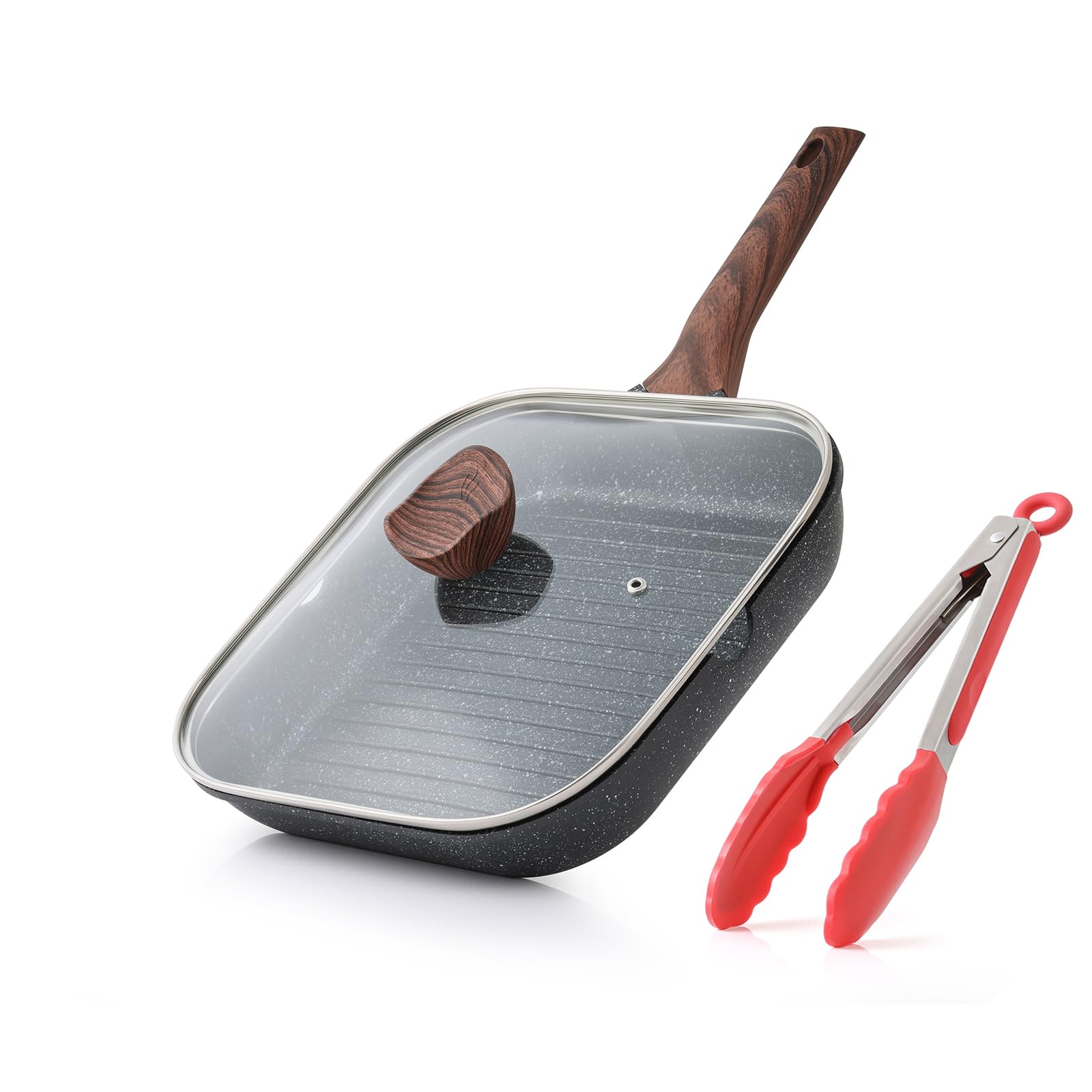 Kordisen 11 Inch Nonstick Square Grill Pan with Lid – Granite Coating