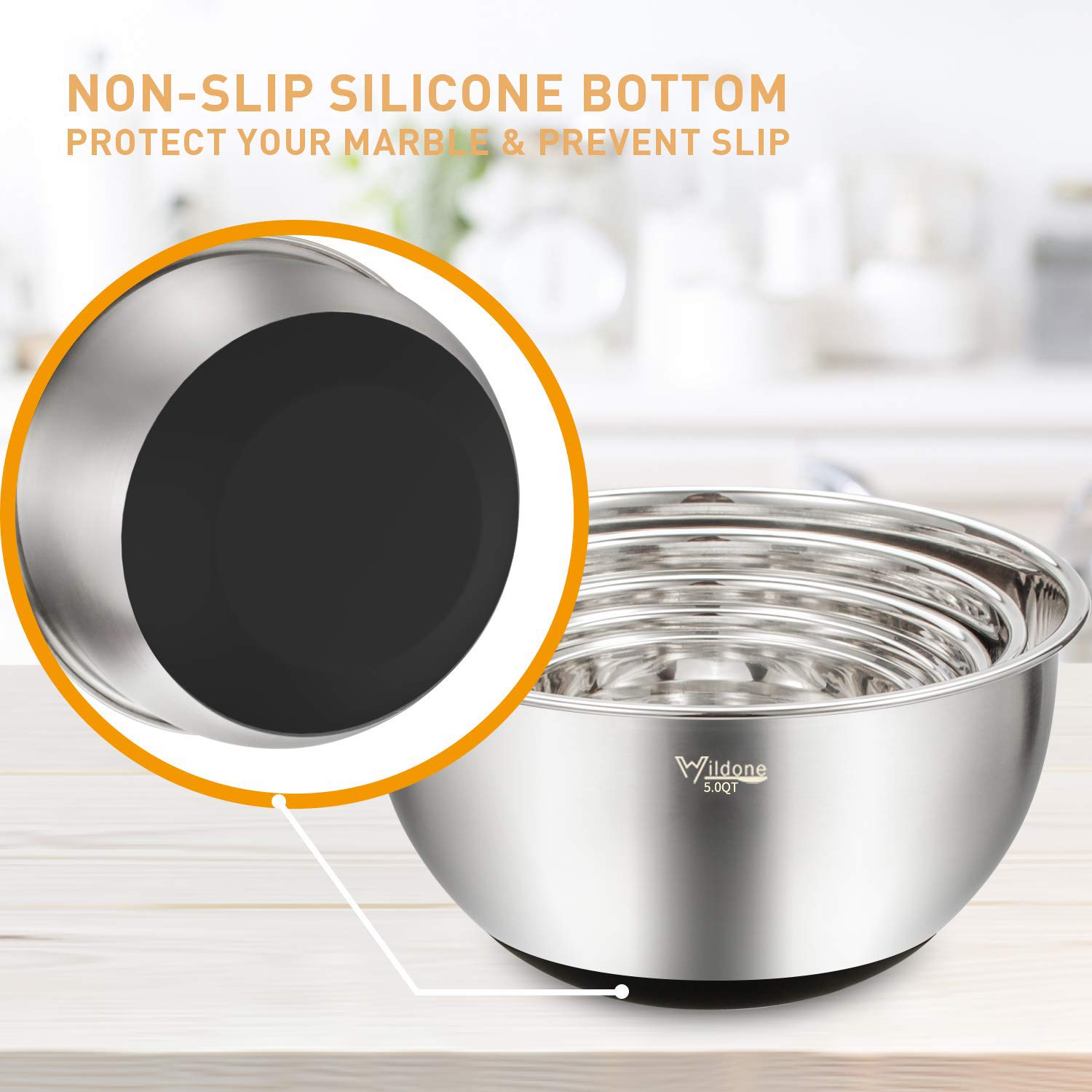Wildone 5-Piece Stainless Steel Mixing Bowls with Airtight Lids & Graters