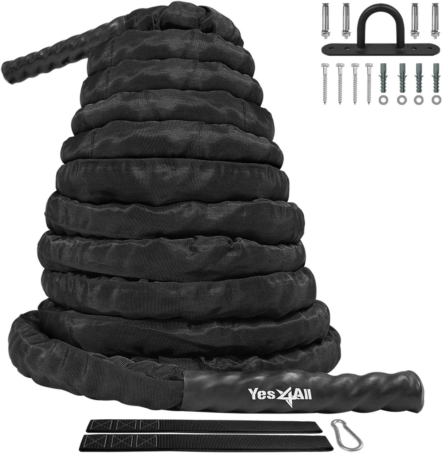 Yes4All Battle Rope with Protective Cover, Anchor & Strap - 12m x 38mm