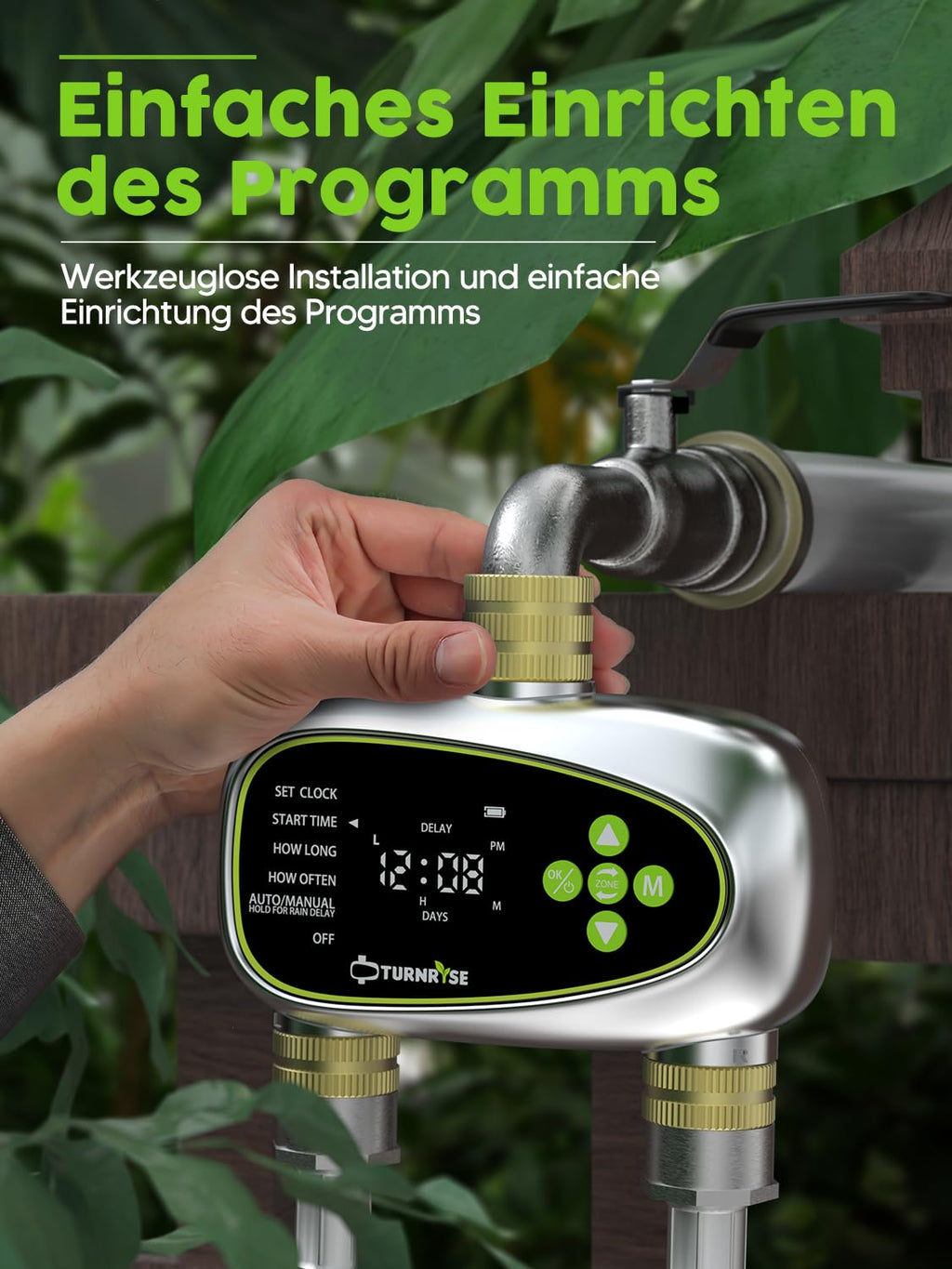 TURNRISE 2-Outlet Digital Sprinkler Timer | Brass Inlet & Dual Zone Watering