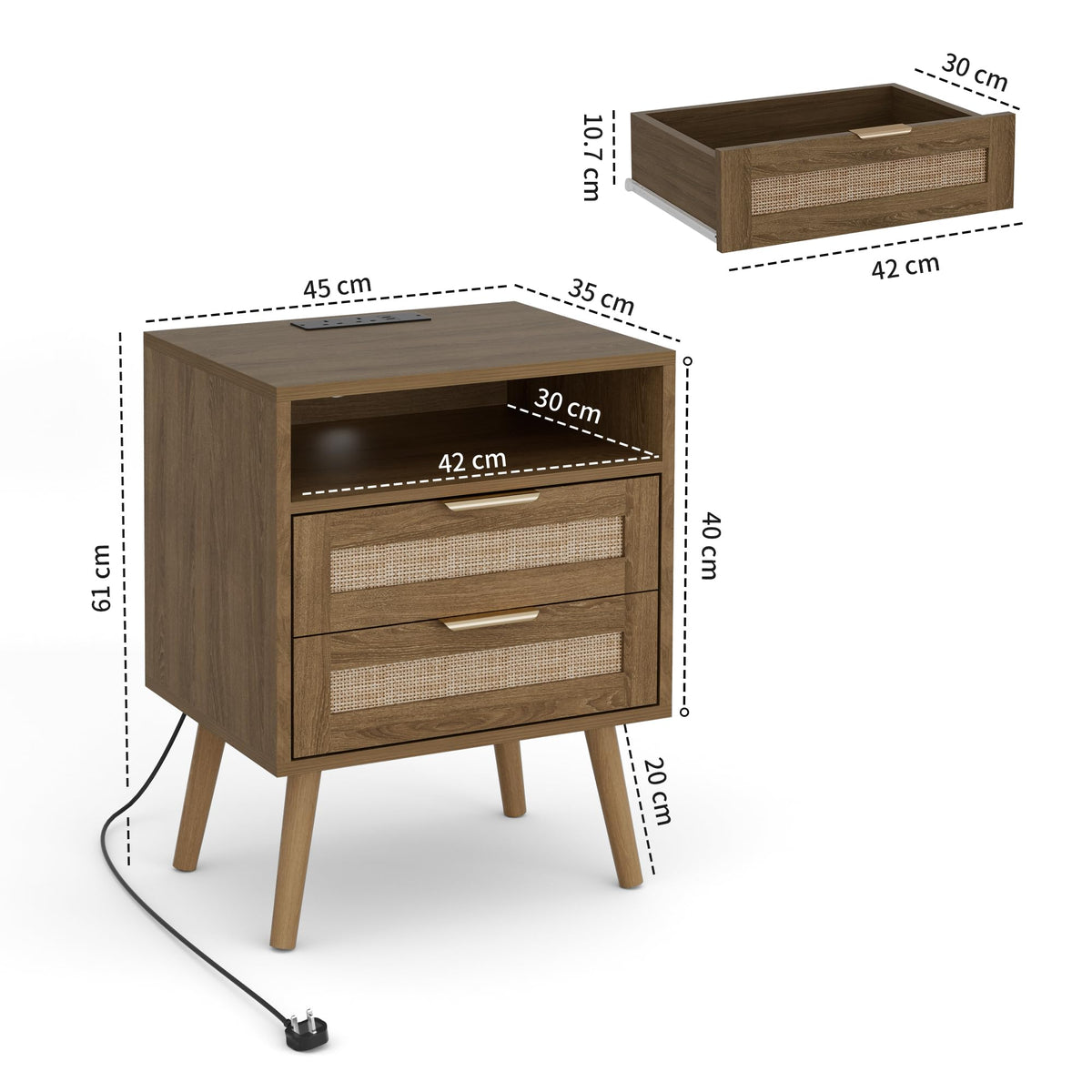 BonVache Bedside Tables Set of 2, Adjustable Lighting, Nightstand with LED Lights and Charging Station, Open Compartment and 2 Rattan Drawers - image 2