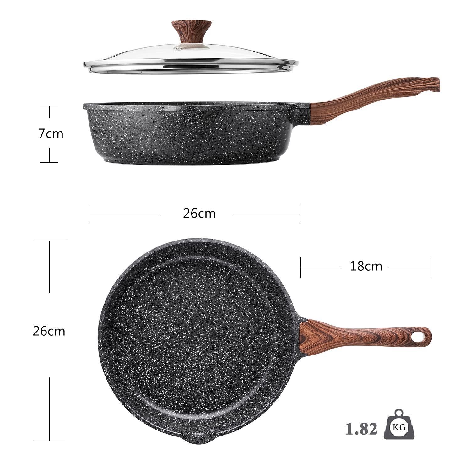 Sensarte Nonstick Deep Frying Pan with Lid | 26cm Granite Chef Skillet