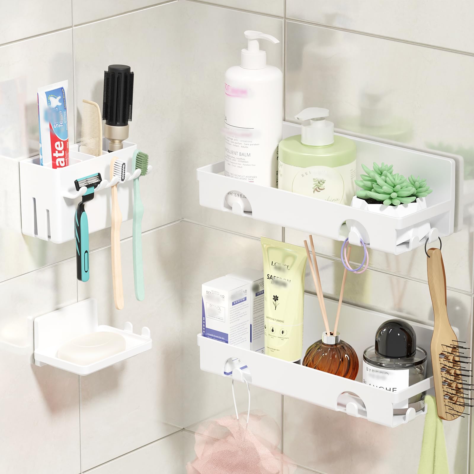 PAVSTINE Shower Caddy – 4 Pack No-Drilling Adhesive Bathroom Shelves, White