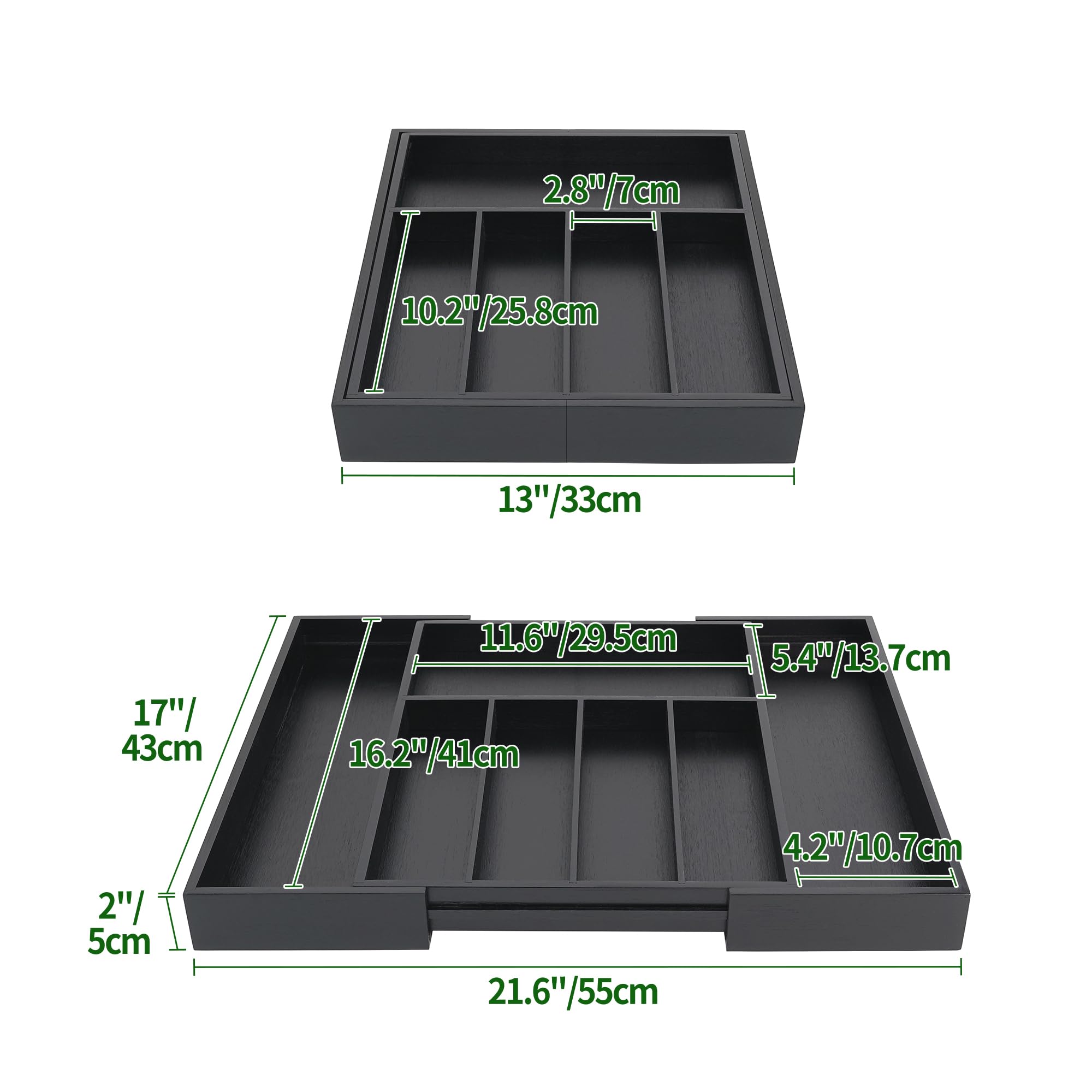VaeFae Expandable Bamboo Drawer Organizer | 5-7 Slot Cutlery Tray - Black