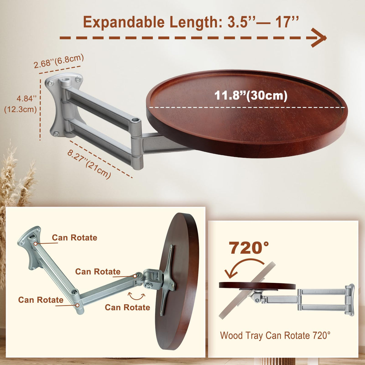 Vanpoo Wall Mounted Folding Table,Walnut Bedside Shelf Wall Mount Floating Wall Desk for Small Spaces,11.8" Round Wood TableTop with Aluminum Alloy - image 5