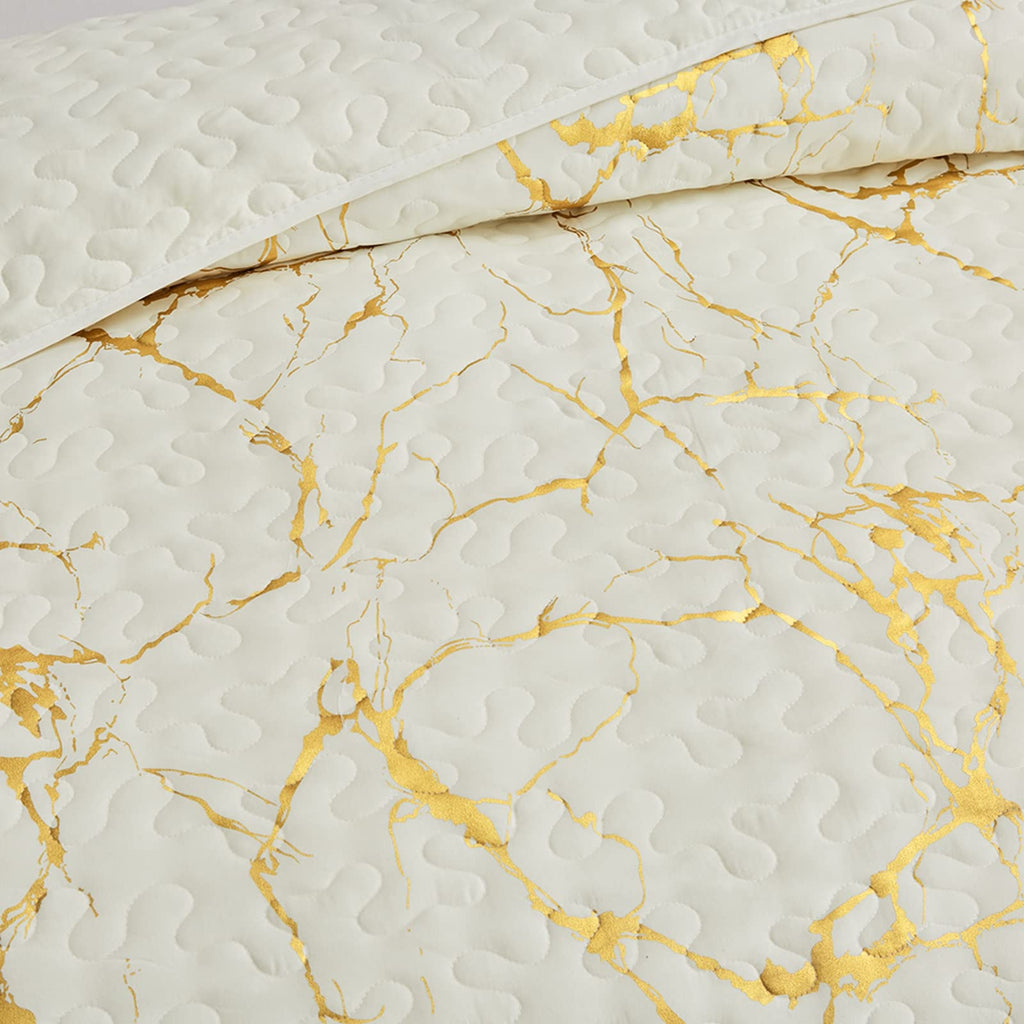 HAVOP King Size Bedspread Set | Gold Marble Printed Beige Microfiber Quilt