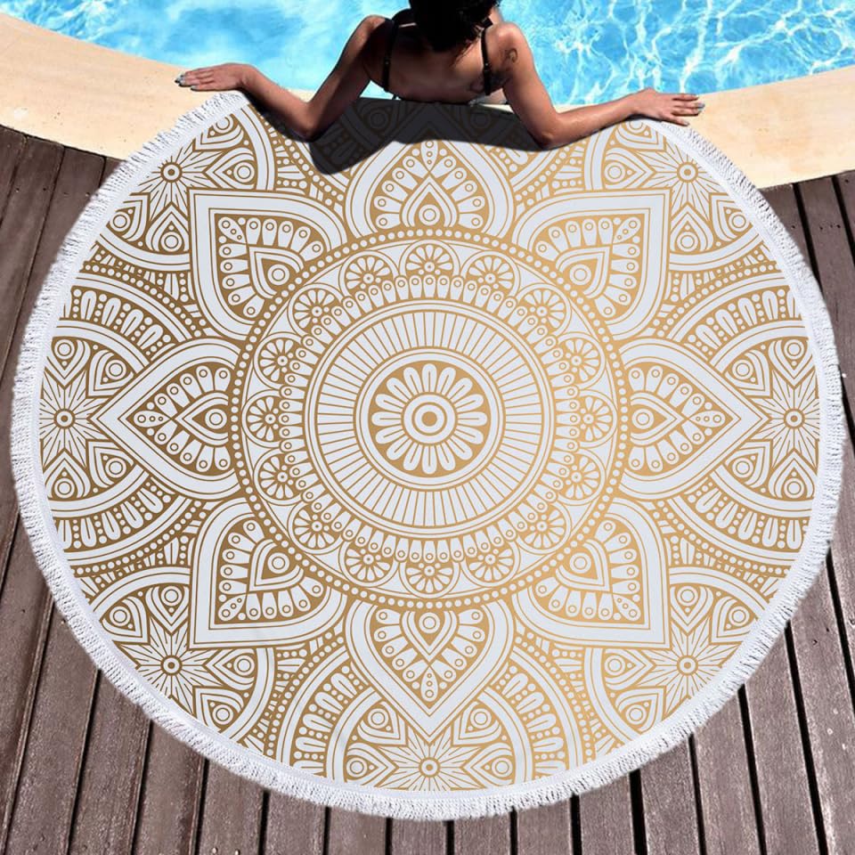 Besports Round Microfiber Mandala Beach Blanket | Quick-Dry Picnic Towel