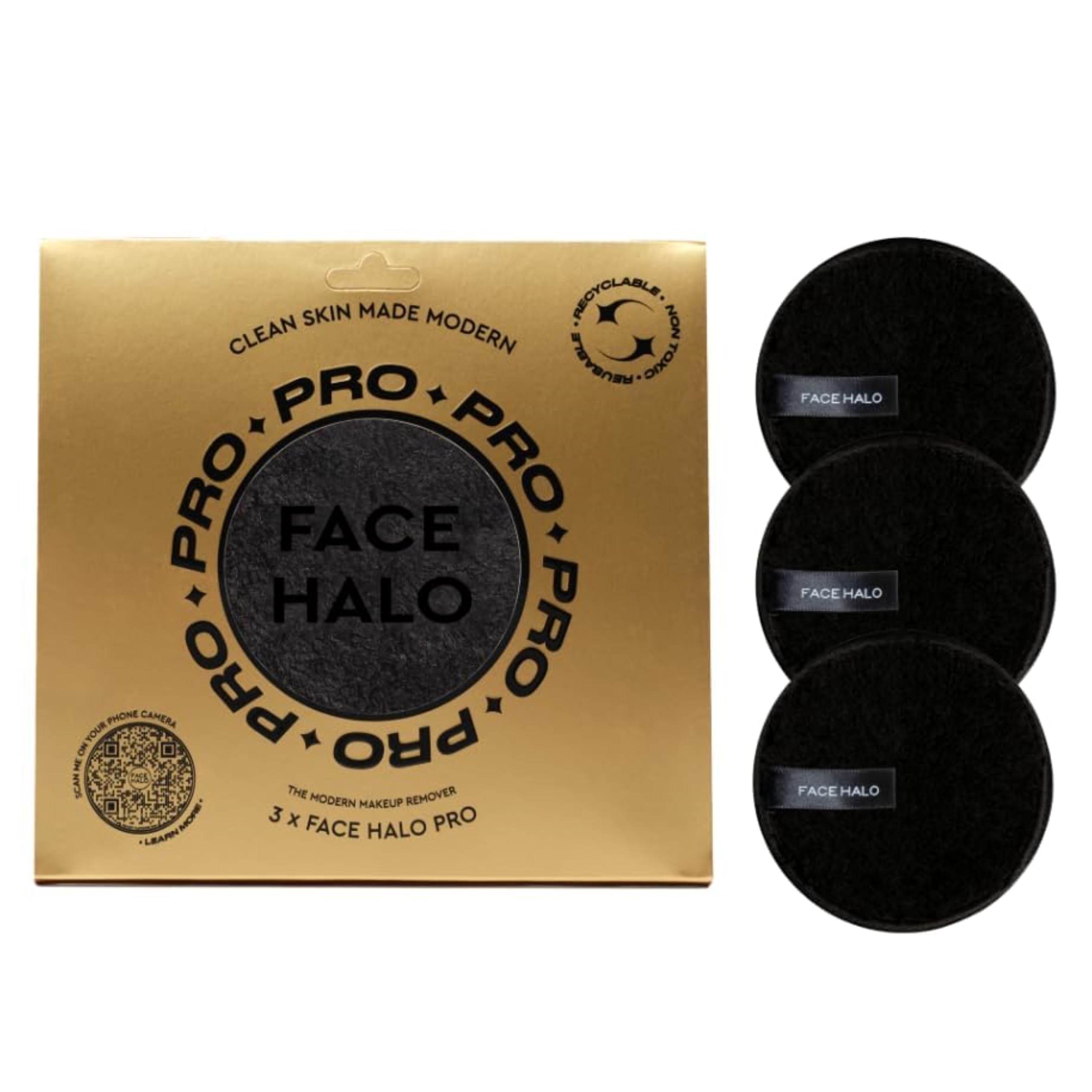Face Halo Pro Reusable Makeup Remover Pads – Black – Set of 3