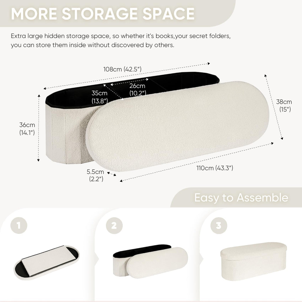 Bonlife Oval Boucle Folding Ottoman Storage Bench | 120L White Footstool