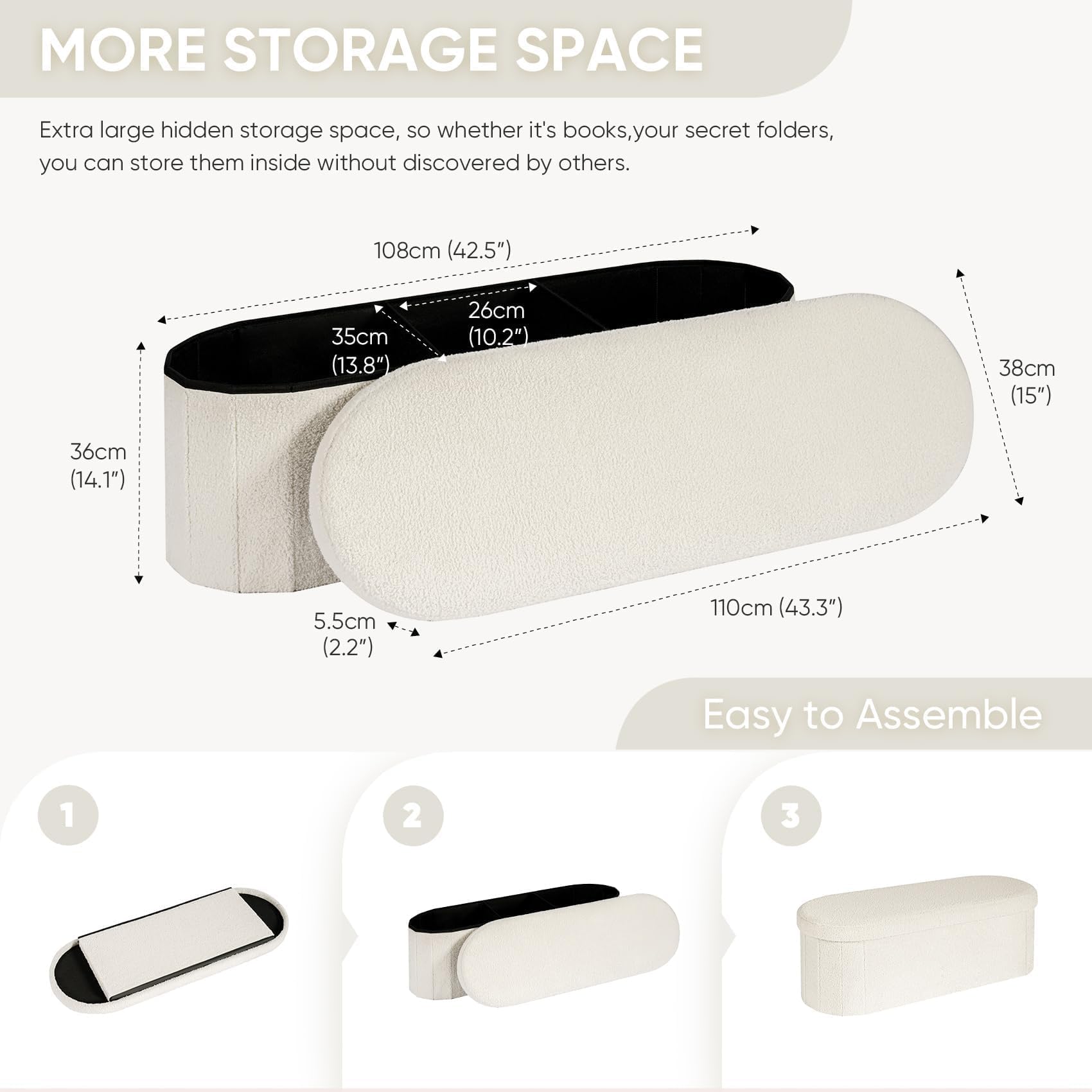 Bonlife Oval Boucle Folding Ottoman Storage Bench | 120L White Footstool