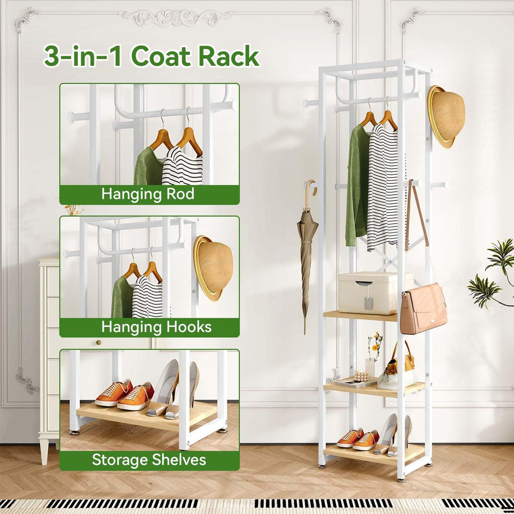 IBUYKE Industrial Coat Rack – Freestanding Hall Tree with 3 Shelves & 8 Hooks