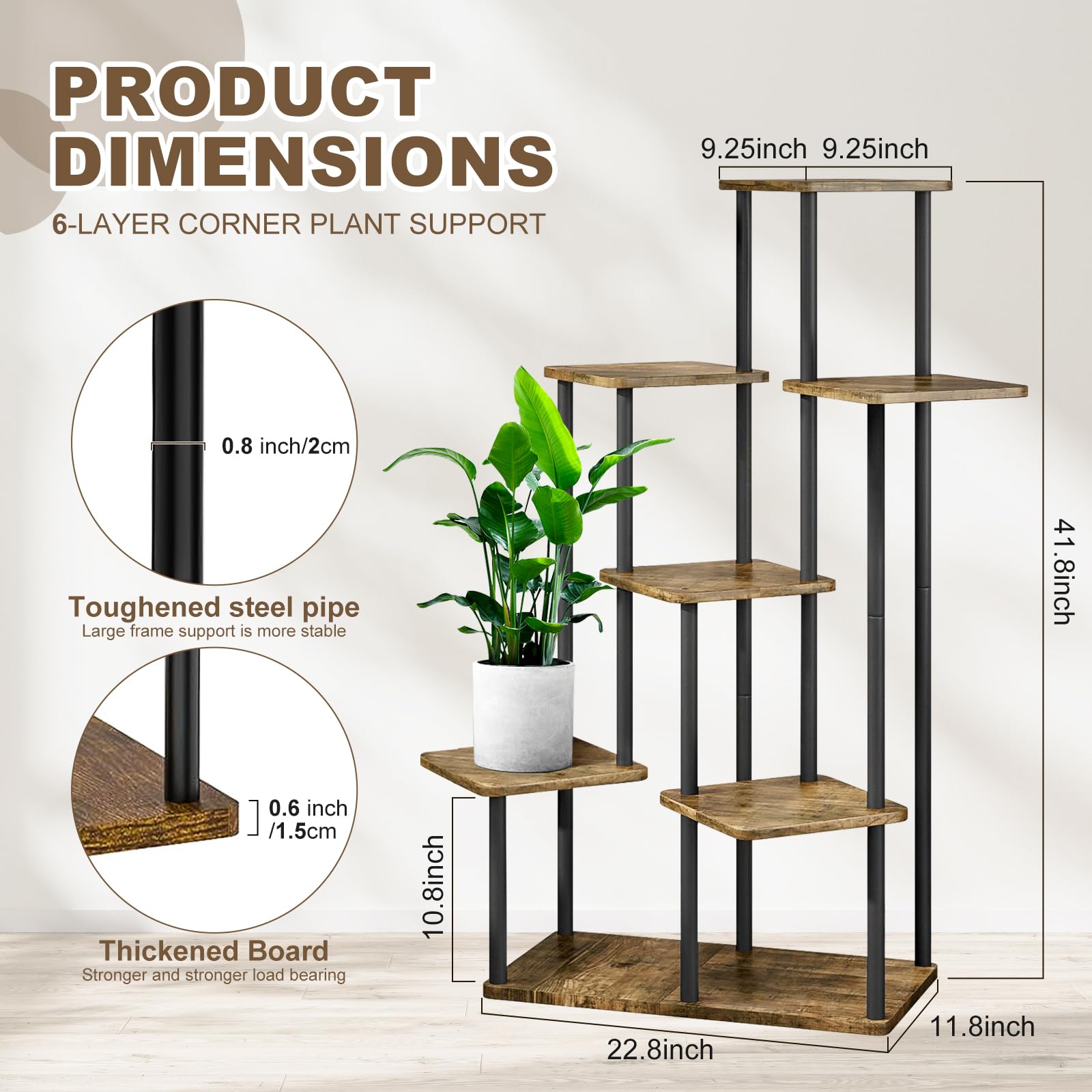 Wood & Metal Tall Plant Stand – Tiered Indoor Corner Rack