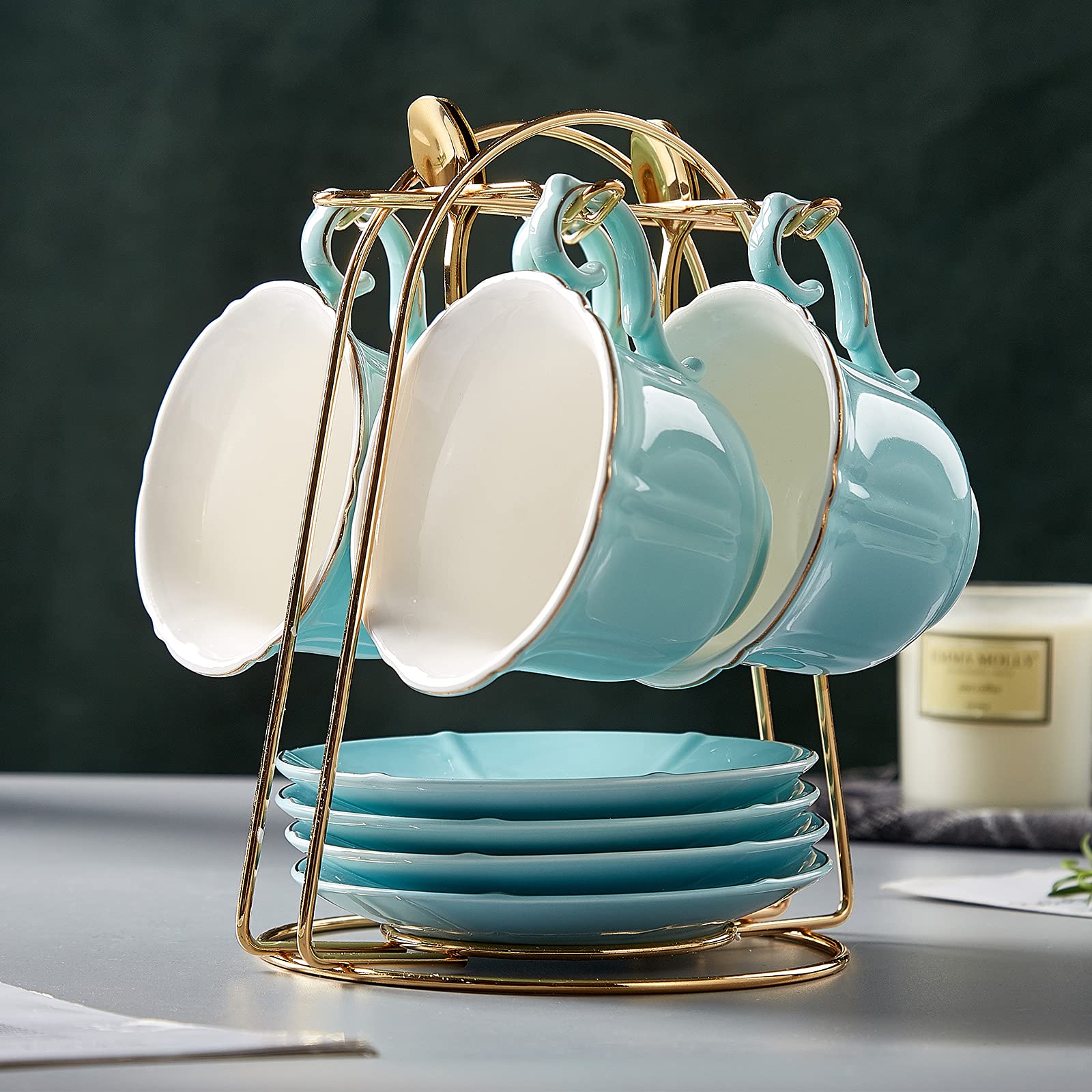 DUJUST Porcelain Tea Cups and Saucers Set of 4 with Stand - Nile Blue