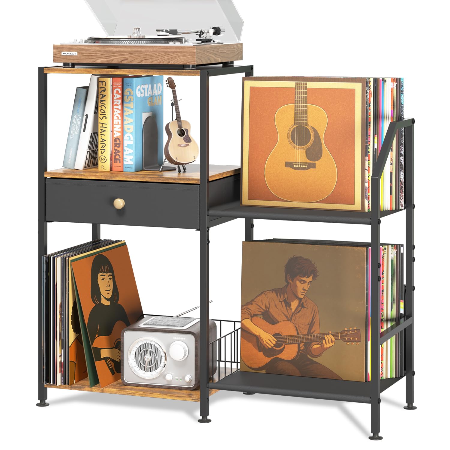 iDavosic.ly Record Player Stand – 3-Tier Vinyl Storage with Drawer