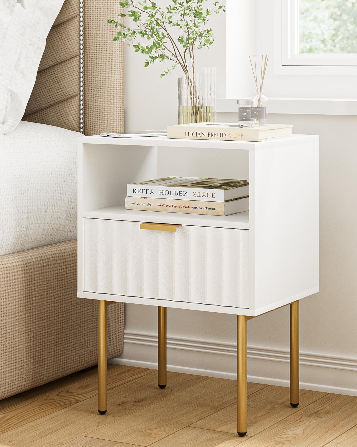 Apetaccat White Wooden Bedside Table | Modern Nightstand with Gold Frame