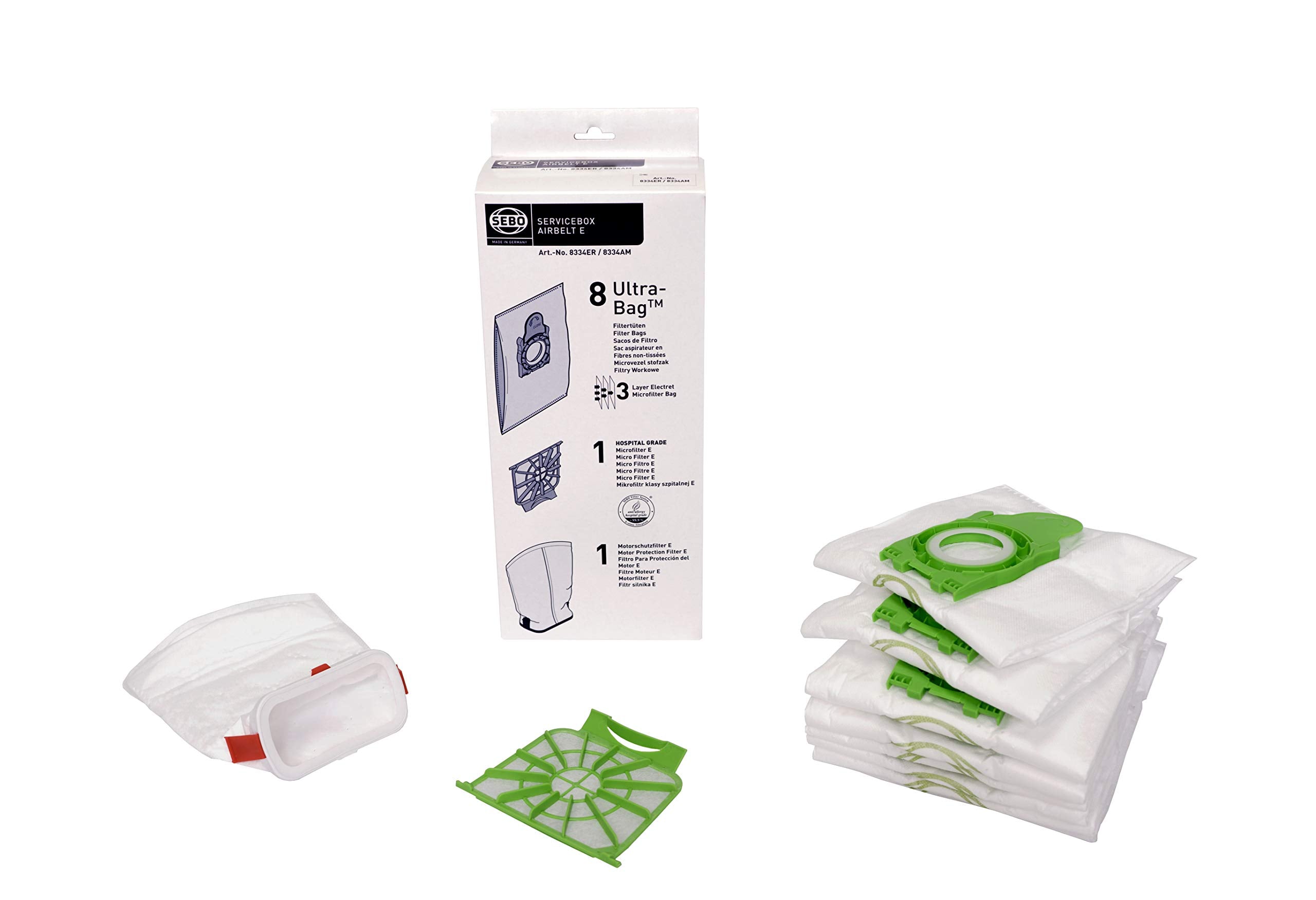 Sebo 8334er Service Box for Airbelt E - 8 Bags & 2 Filters, White