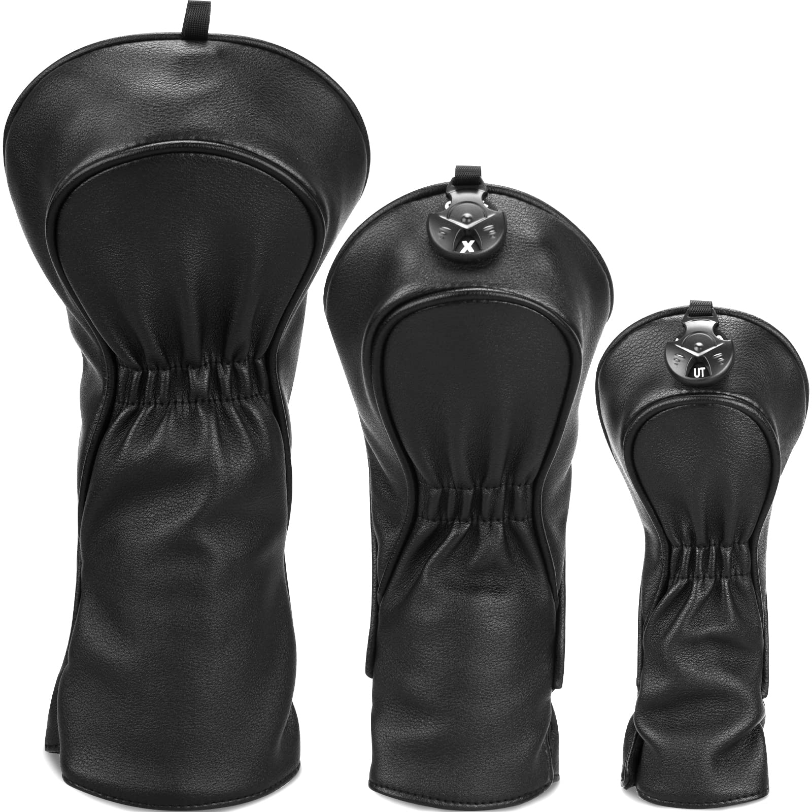 Golf Club Head Covers 3-Pack | Black PU Leather Wood Set