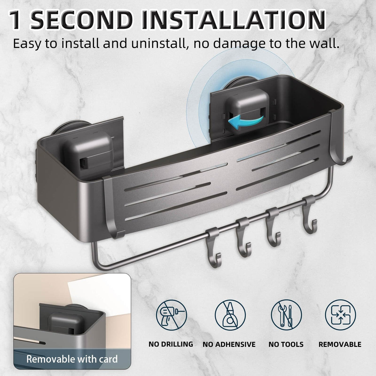 Onemake Suction Cup Shower Caddy, Shower Shelf, Bathroom Organiser, Gray - image 3