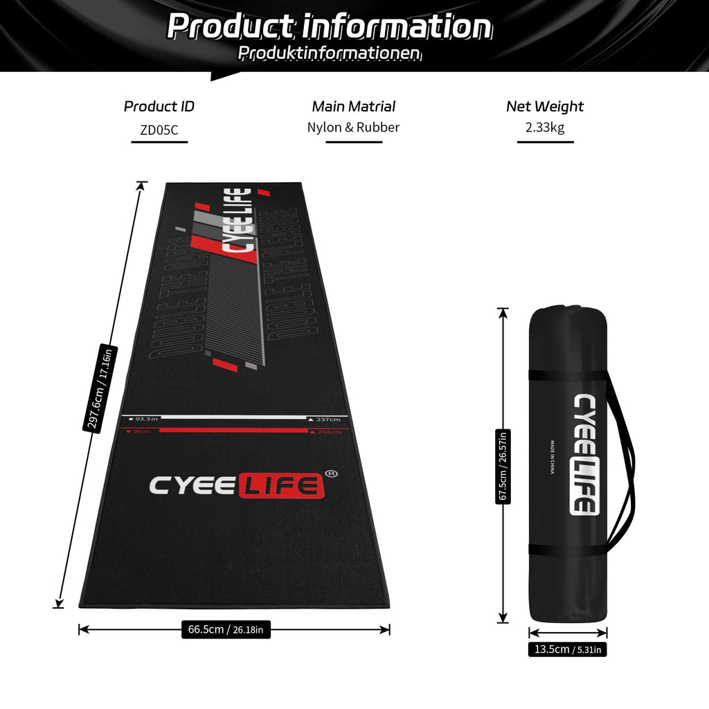 CyeeLife Professional Darts Mat – Non-Slip Floor Protector, 297x66cm